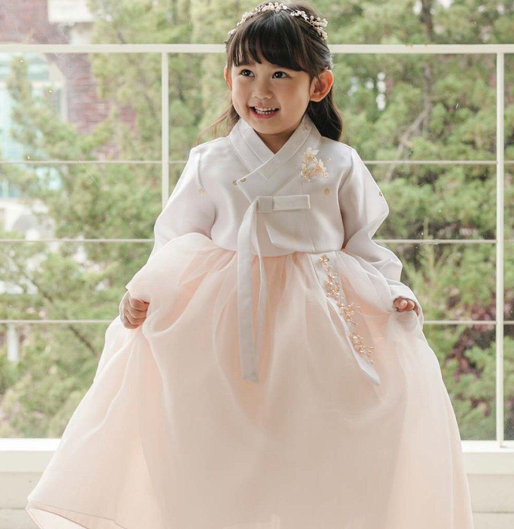 Ryu Ivory Peach Dress Girl Hanbok (100D-8YR) - Native Korean