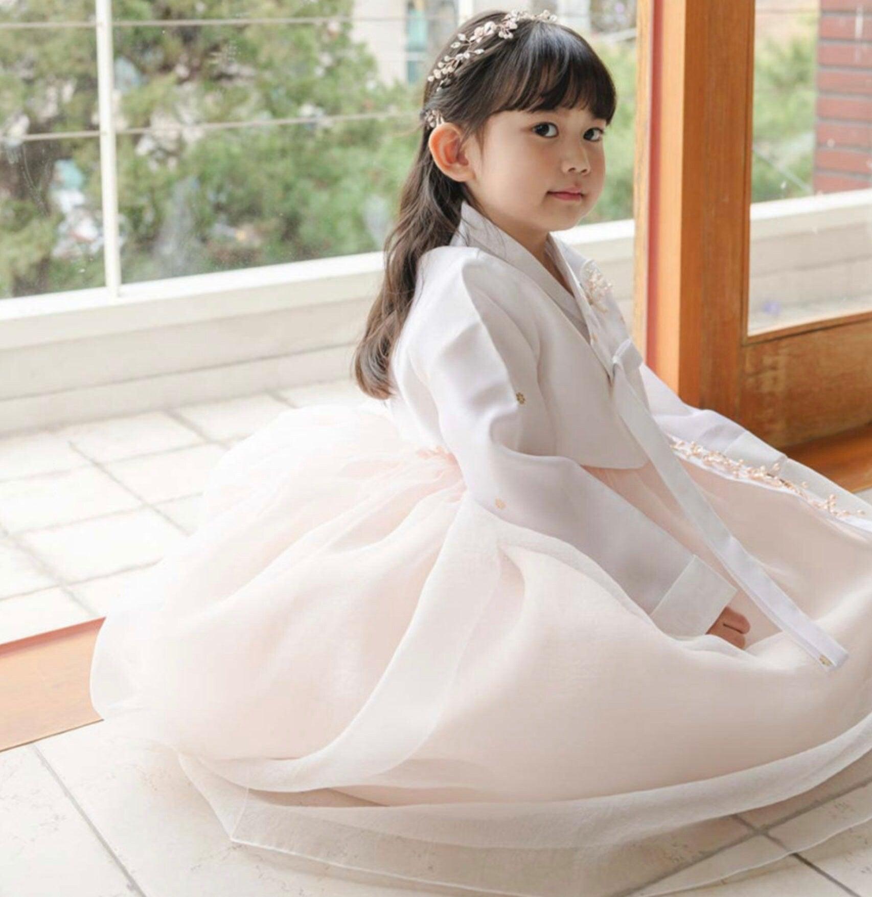 Ryu Ivory Peach Dress Girl Hanbok (100D-8YR) - Native Korean