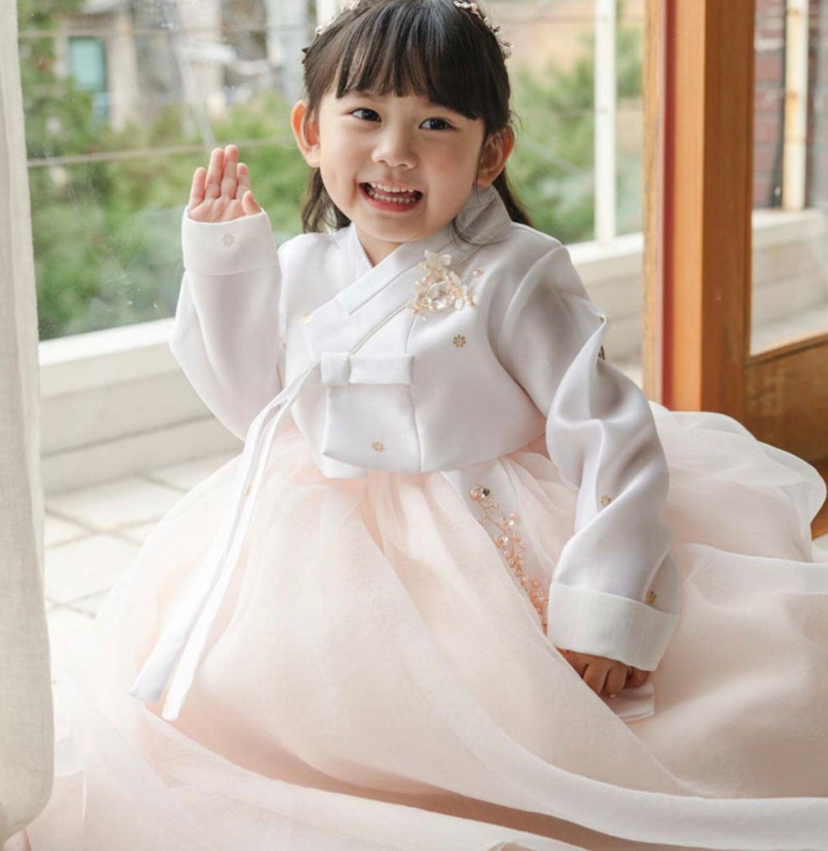 Ryu Ivory Peach Dress Girl Hanbok (100D-8YR) - Native Korean