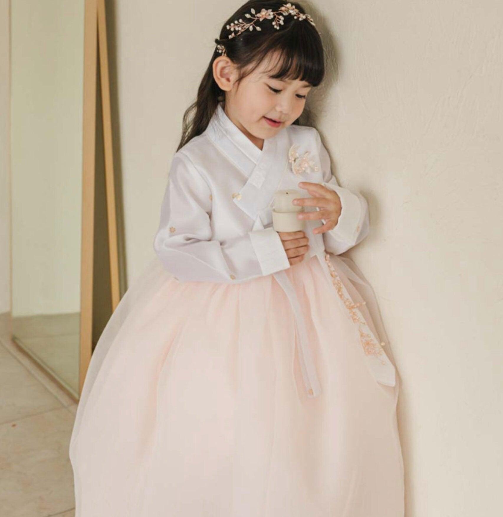 Ryu Ivory Peach Dress Girl Hanbok (100D-8YR) - Native Korean