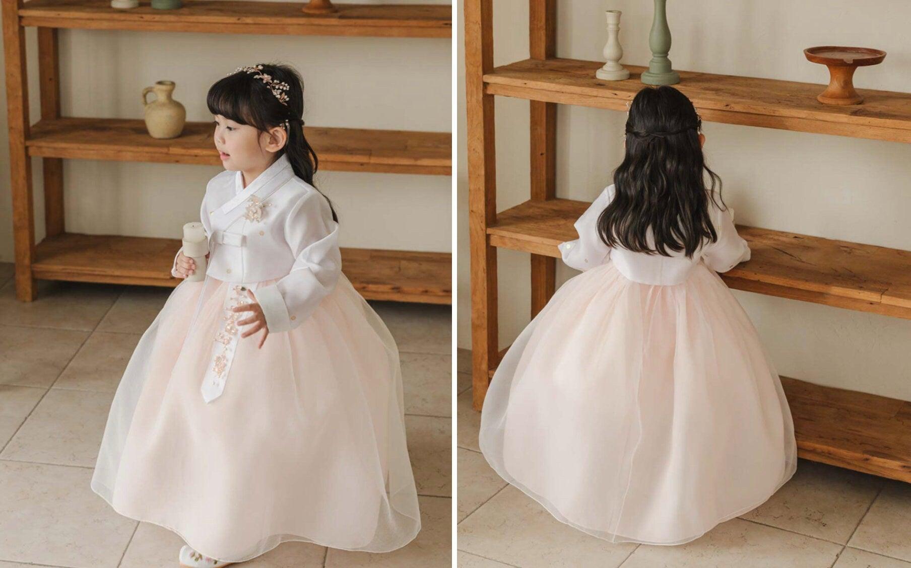 Ryu Ivory Peach Dress Girl Hanbok (100D-8YR) - Native Korean