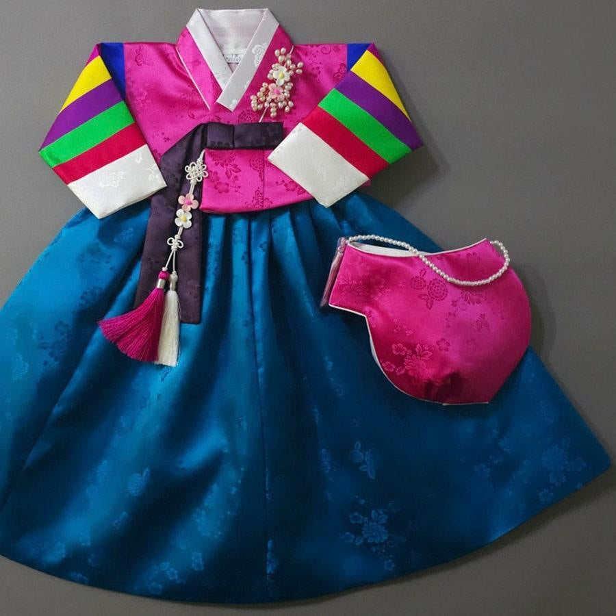 [Size 100] Seunju Magenta Saekdong Jeogori Blue Skirt Girl Hanbok