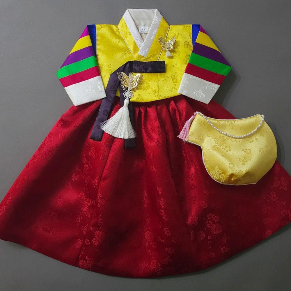 Hanbok Jacket Jeogori Korean Long Sleeve Traditional Casual Party Dress Clothing Paste good Saekdong Yellow Skirt