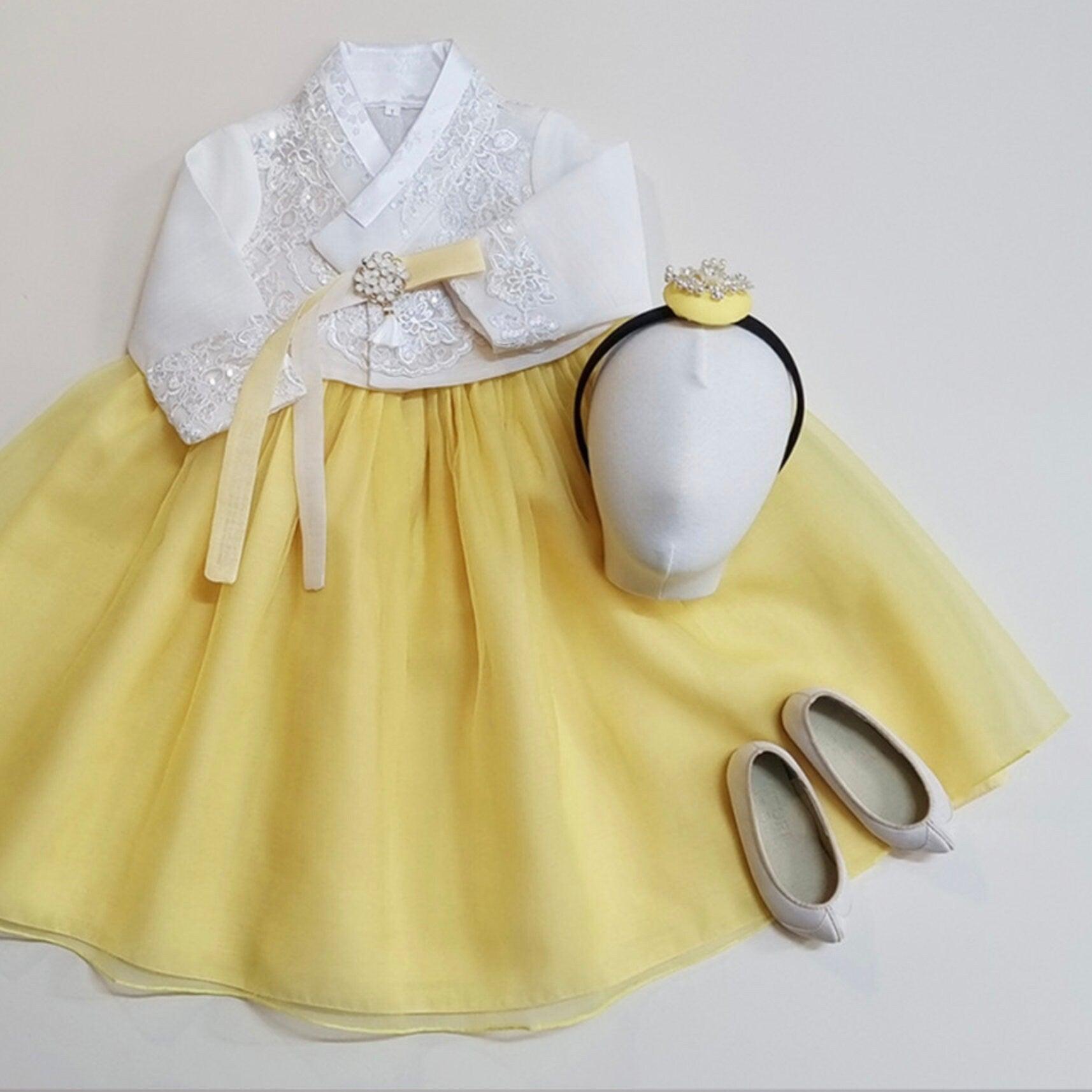 Sooyeon White Yellow Dress Girl Hanbok (100D-10YR) - Native Korean