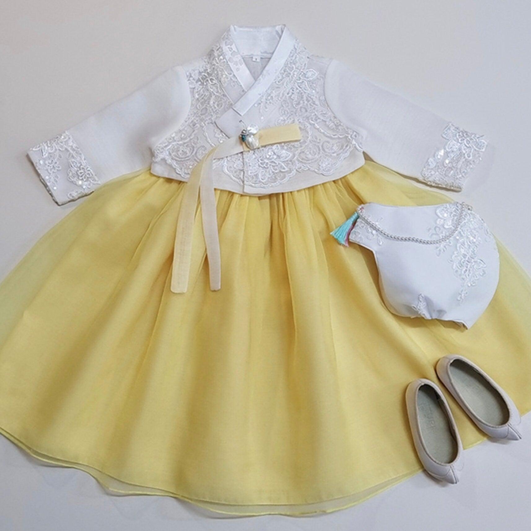 Sooyeon White Yellow Dress Girl Hanbok (100D-10YR) - Native Korean