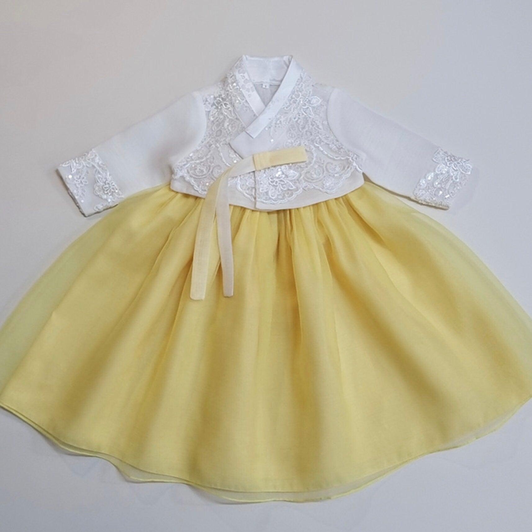 Sooyeon White Yellow Dress Girl Hanbok (100D-10YR) - Native Korean