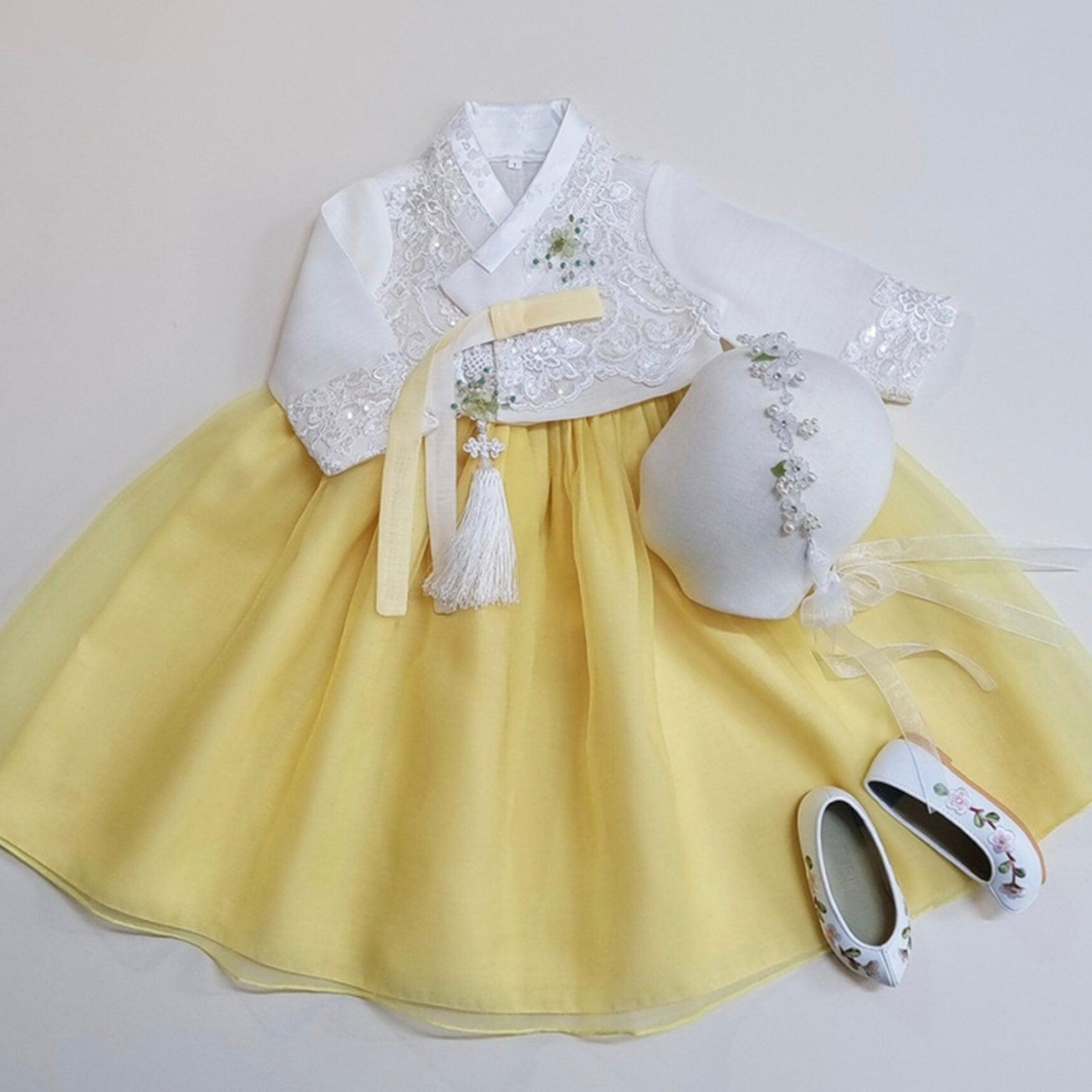 Sooyeon White Yellow Dress Girl Hanbok (100D-10YR) - Native Korean