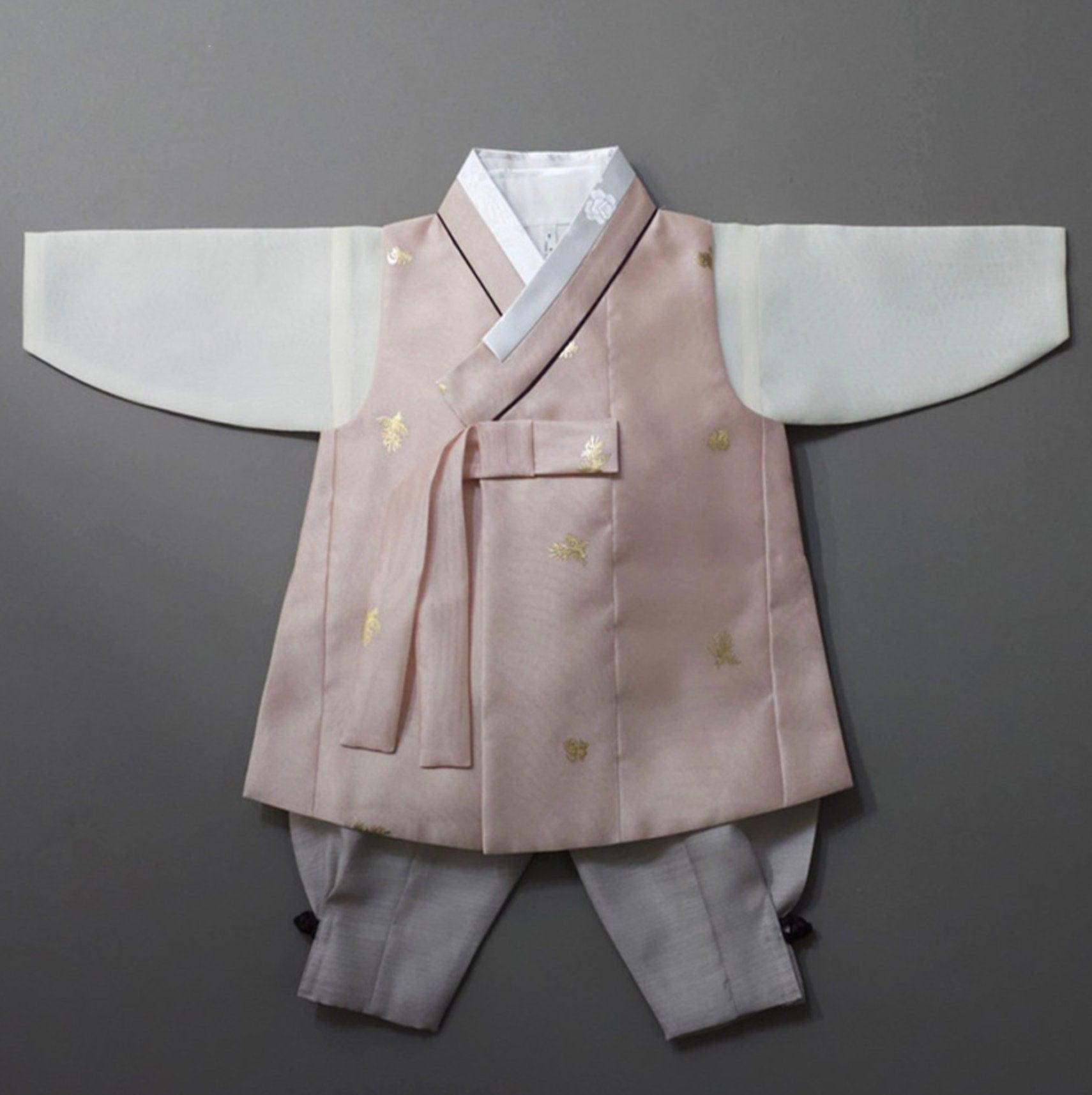 Suho Gold Pink-Beige Boy Hanbok (100D-12YR) - Native Korean