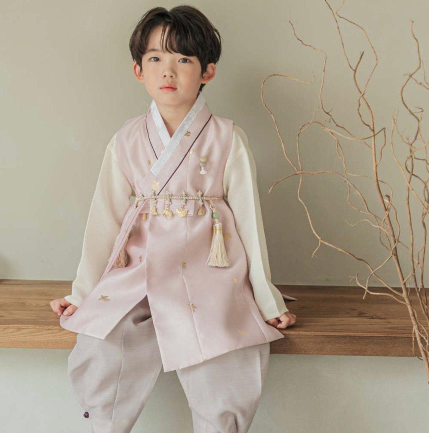 Suho Gold Pink-Beige Boy Hanbok (100D-12YR) - Native Korean