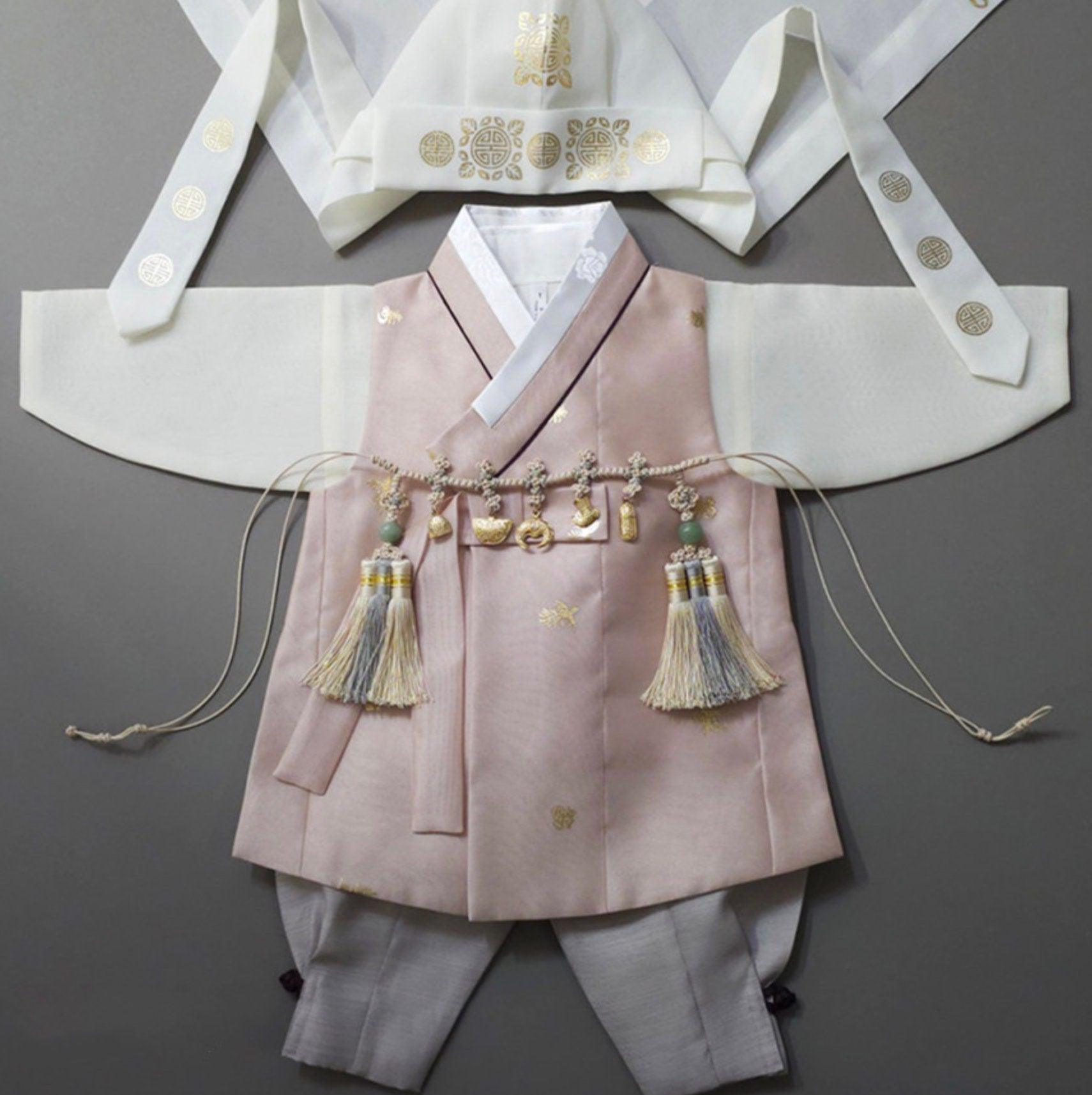 Suho Gold Pink-Beige Boy Hanbok (100D-12YR) - Native Korean