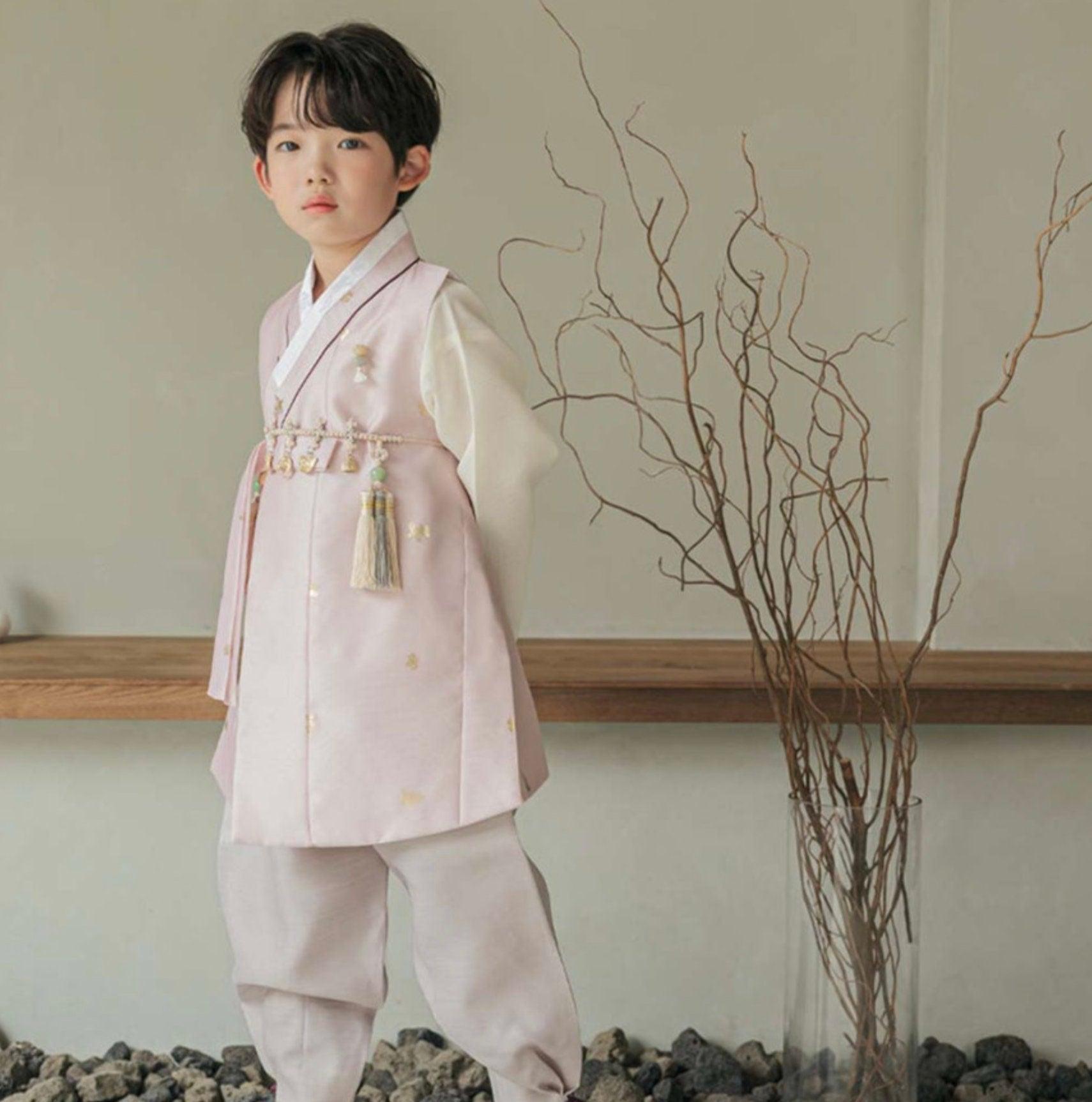 Suho Gold Pink-Beige Boy Hanbok (100D-12YR) - Native Korean