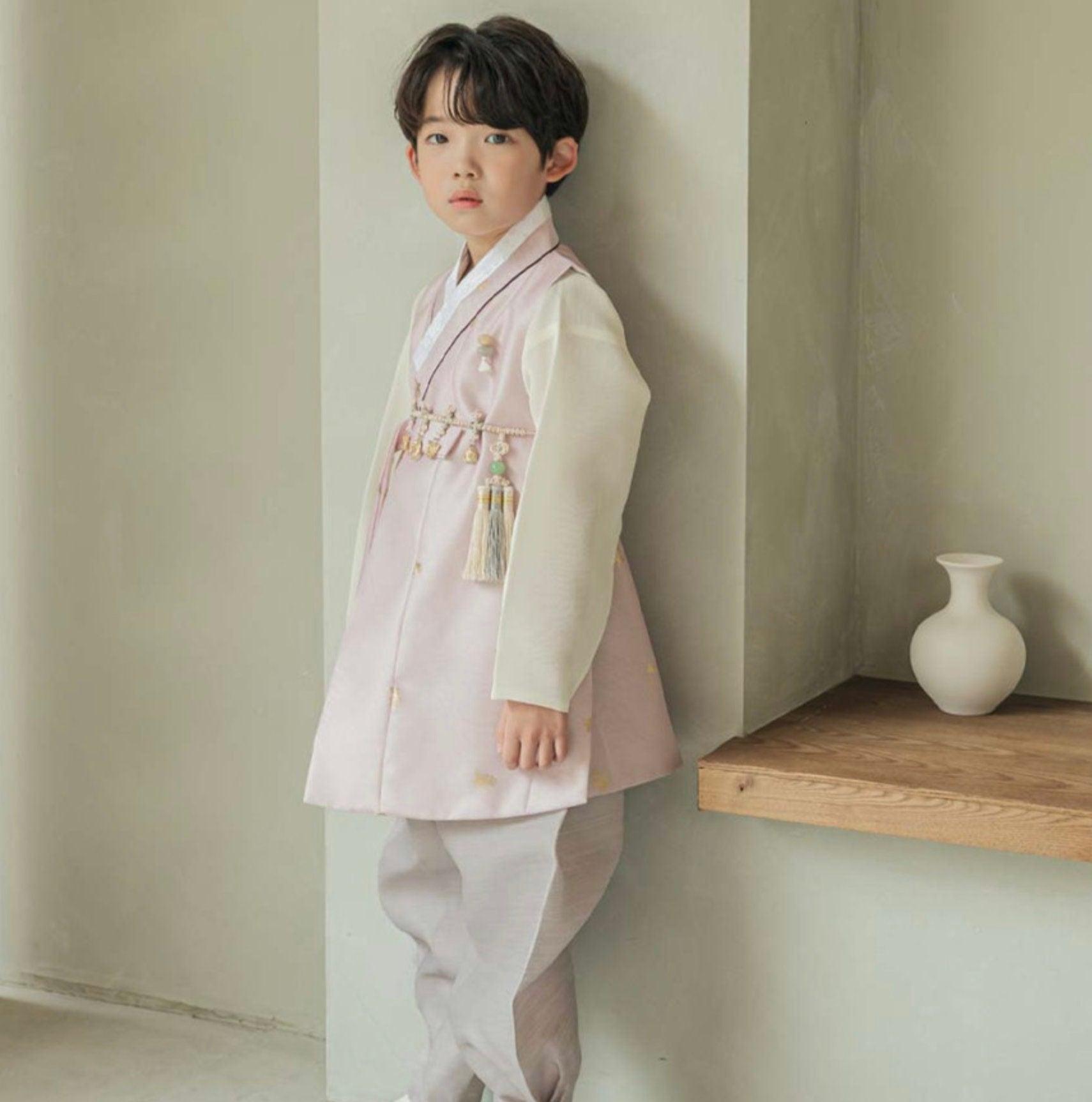 Suho Gold Pink-Beige Boy Hanbok (100D-12YR) - Native Korean