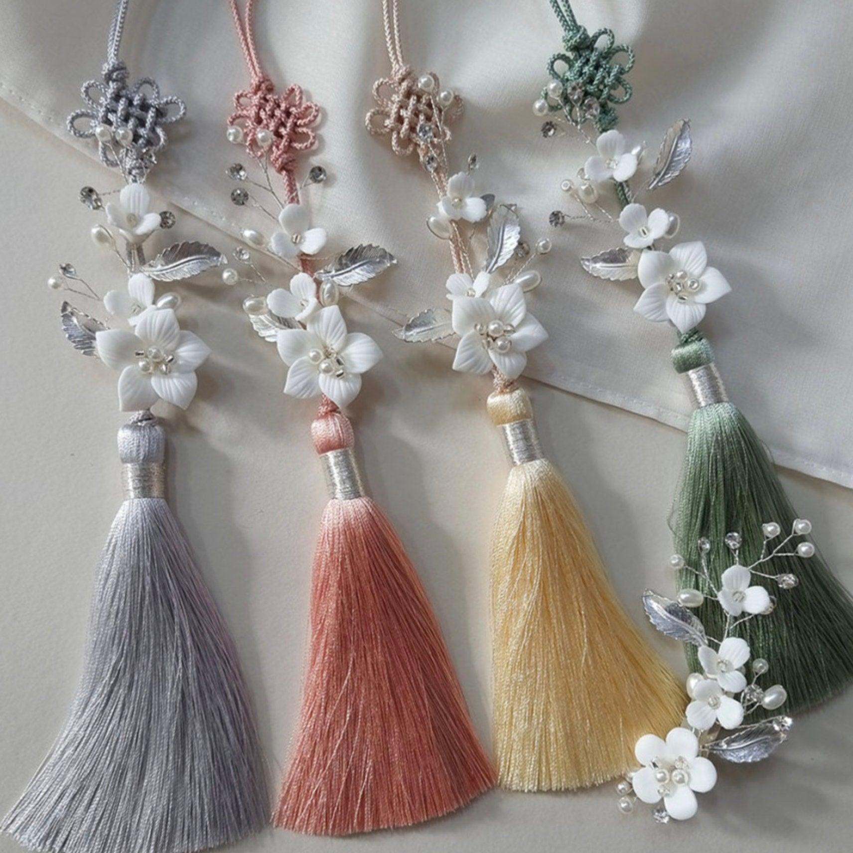 White Floral Tassel Norigae - Native Korean