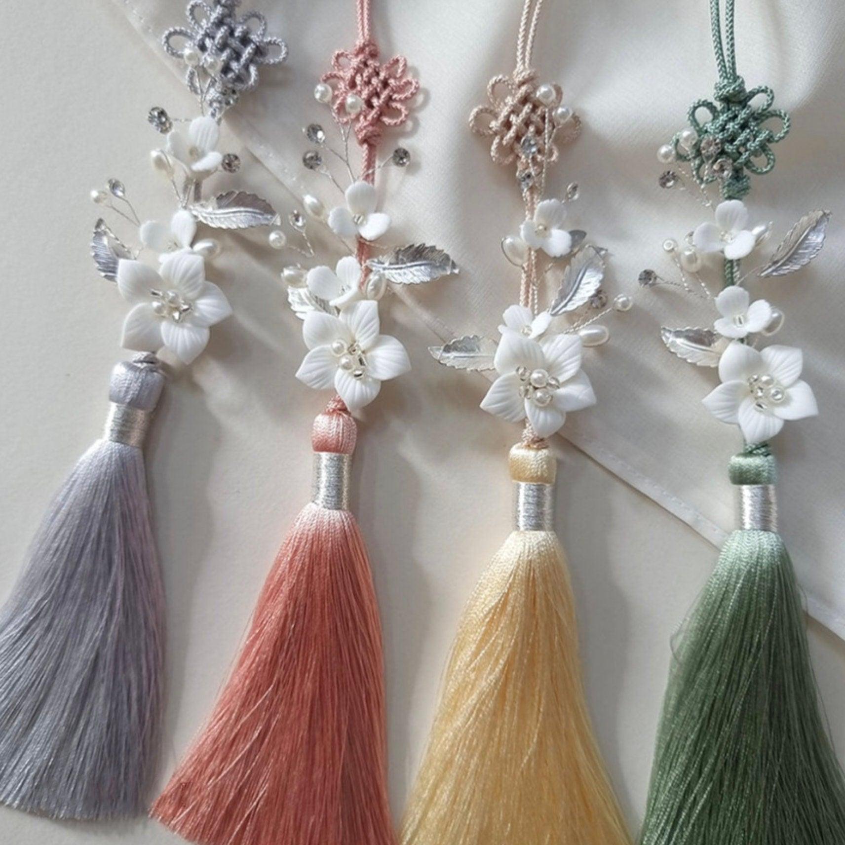 White Floral Tassel Norigae - Native Korean