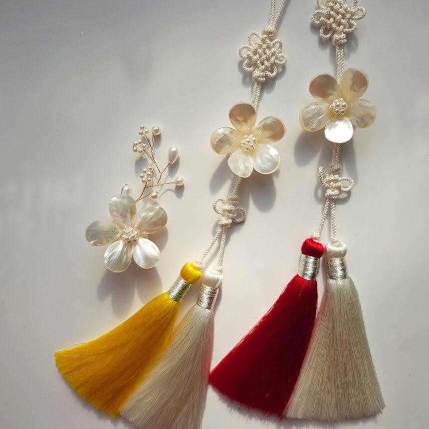 White Mother of Pearl Floral Tassels Norigae - Native Korean