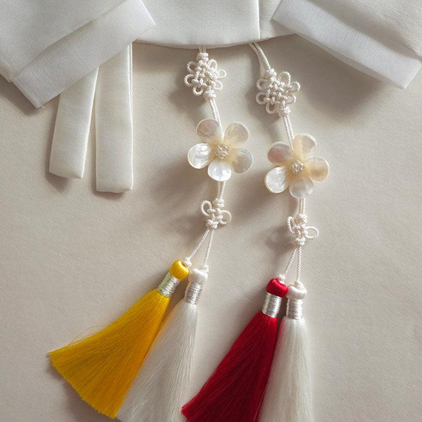 White Mother of Pearl Floral Tassels Norigae - Native Korean