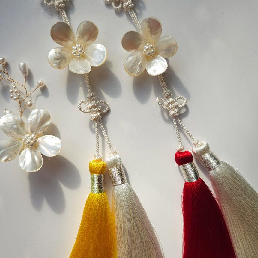 White Mother of Pearl Floral Tassels Norigae - Native Korean