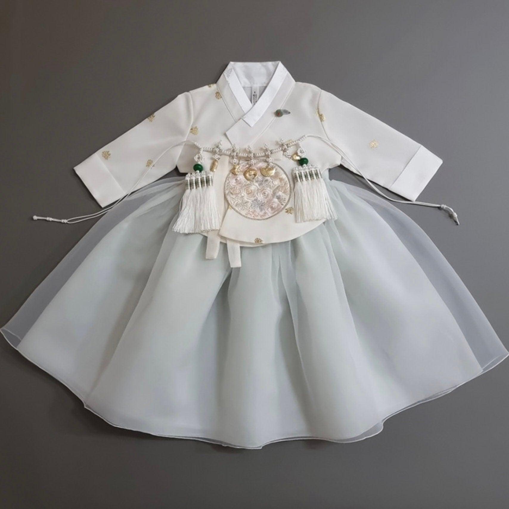 Yebon Ivory Mint Dress Girl Hanbok (100D-10YR) - Native Korean