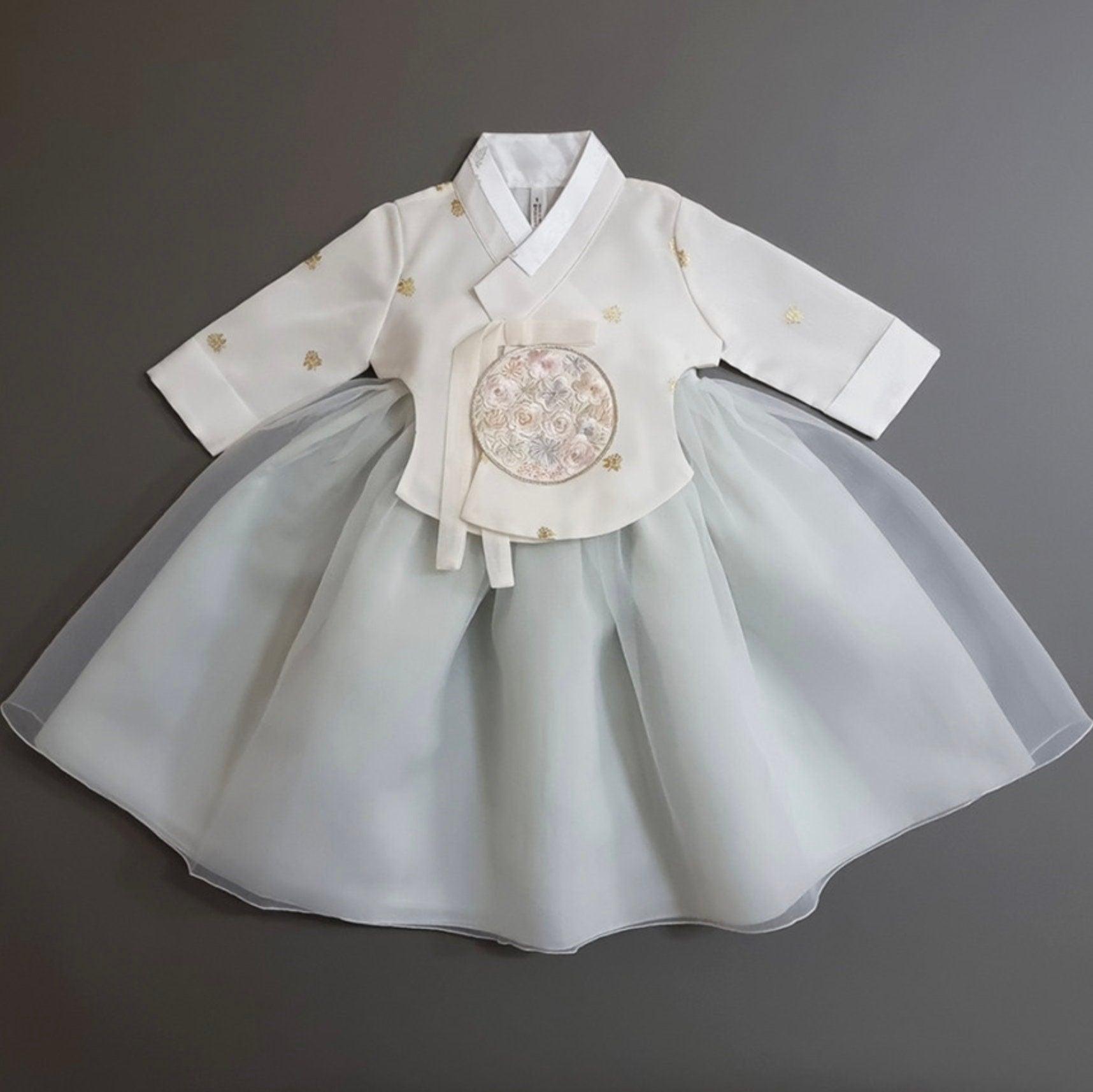Yebon Ivory Mint Dress Girl Hanbok (100D-10YR) - Native Korean