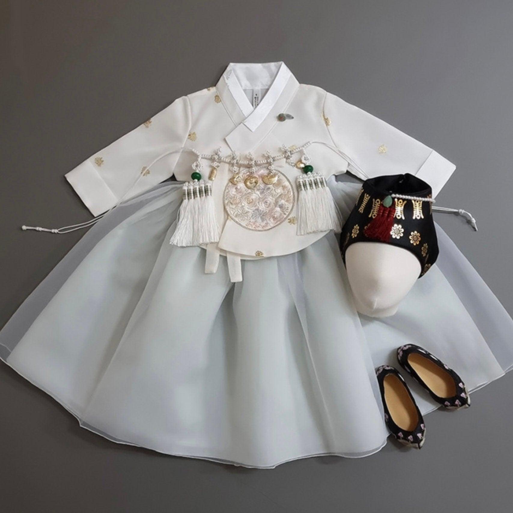 Yebon Ivory Mint Dress Girl Hanbok (100D-10YR) - Native Korean