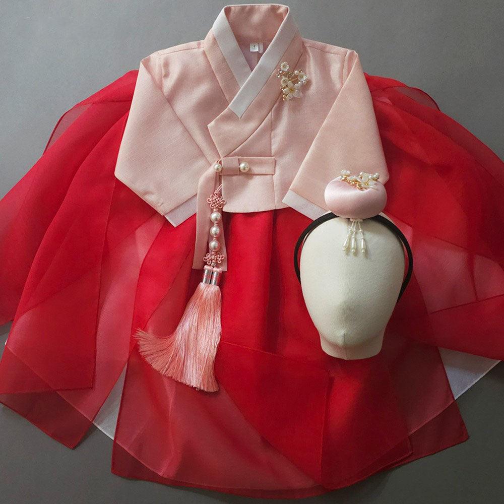 Youl Flared Red Girl Hanbok (100D-15YR) - Native Korean