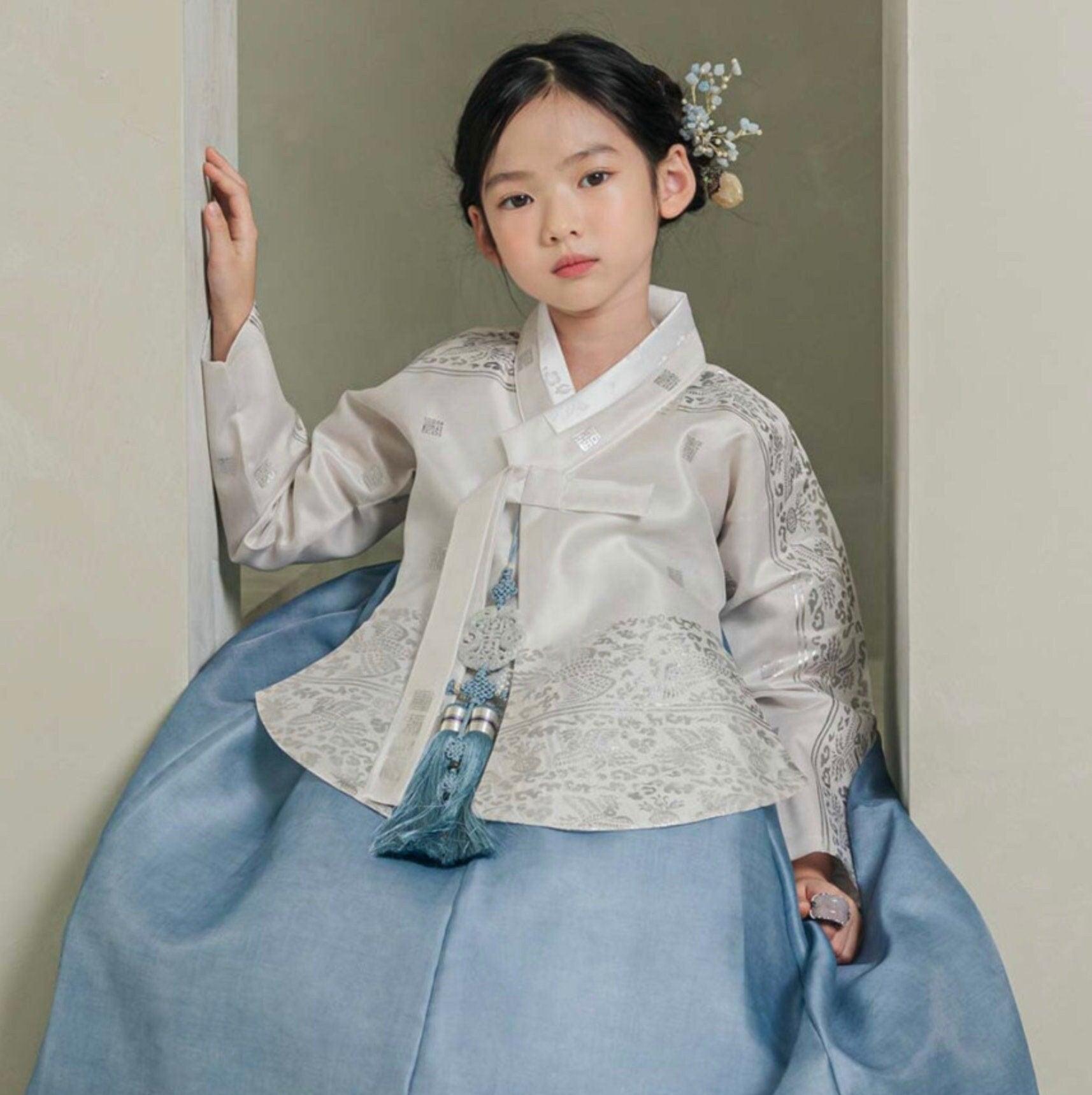 Yuhee Silver Foil Blue Girl Hanbok (100D-15YR) - Native Korean