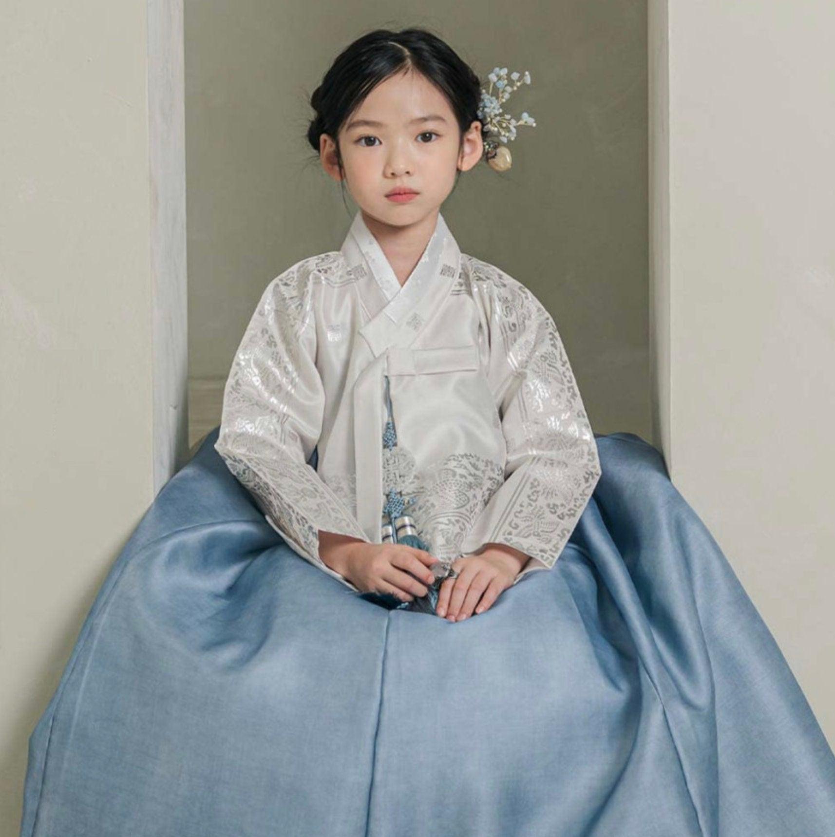 Yuhee Silver Foil Blue Girl Hanbok (100D-10YR) - Native Korean