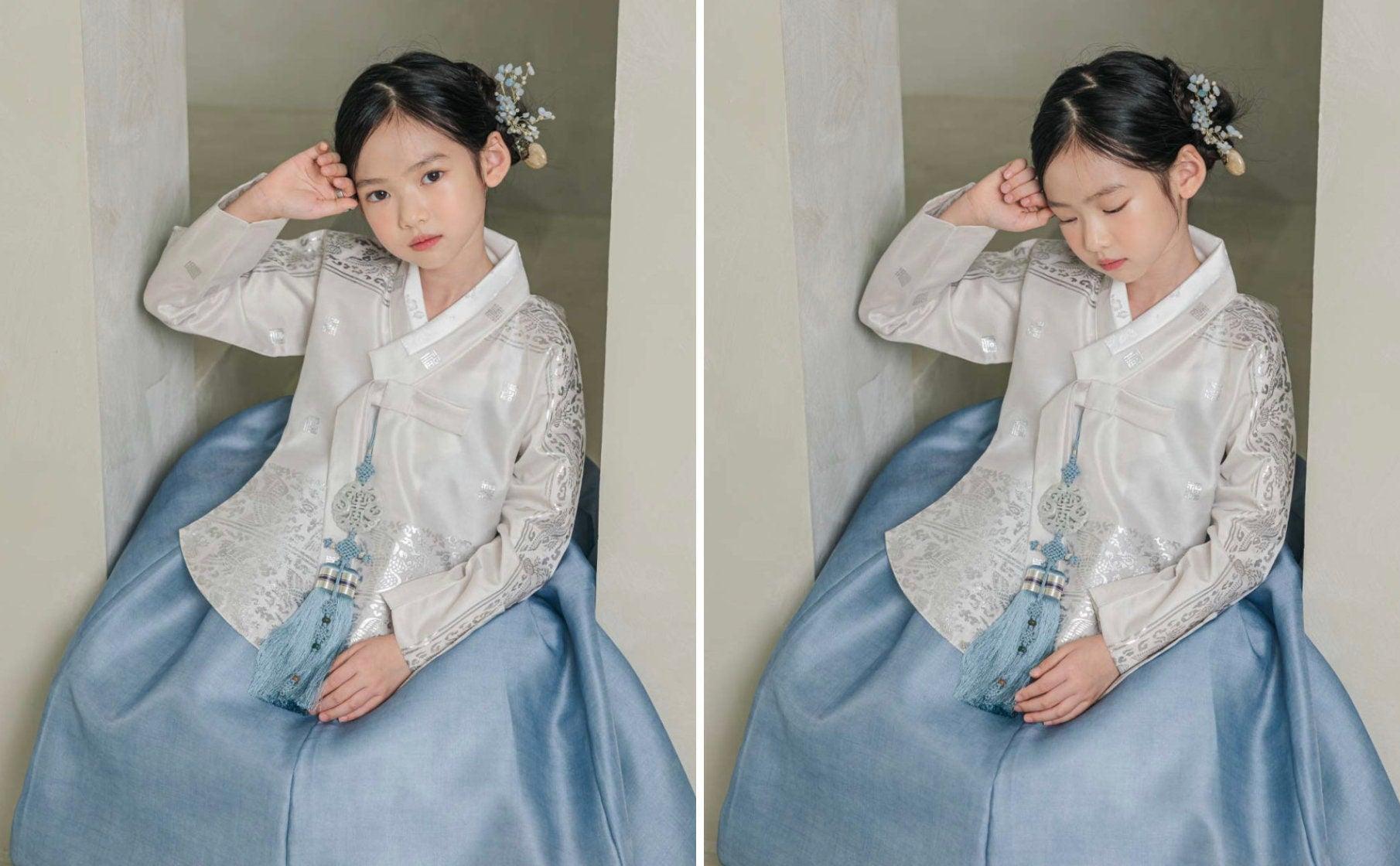 Yuhee Silver Foil Blue Girl Hanbok (100D-15YR) - Native Korean