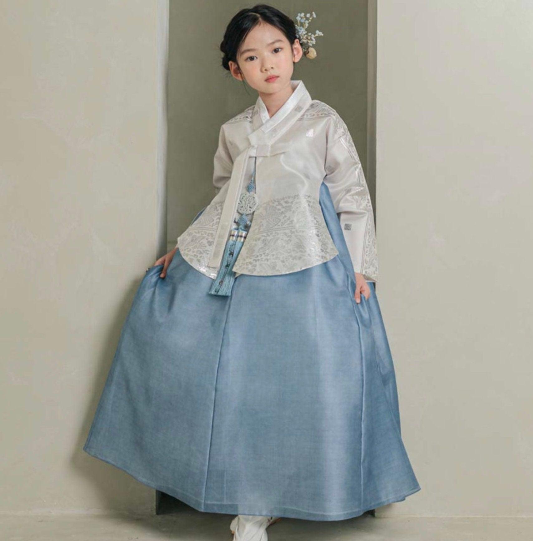 Yuhee Silver Foil Blue Girl Hanbok (100D-15YR) - Native Korean