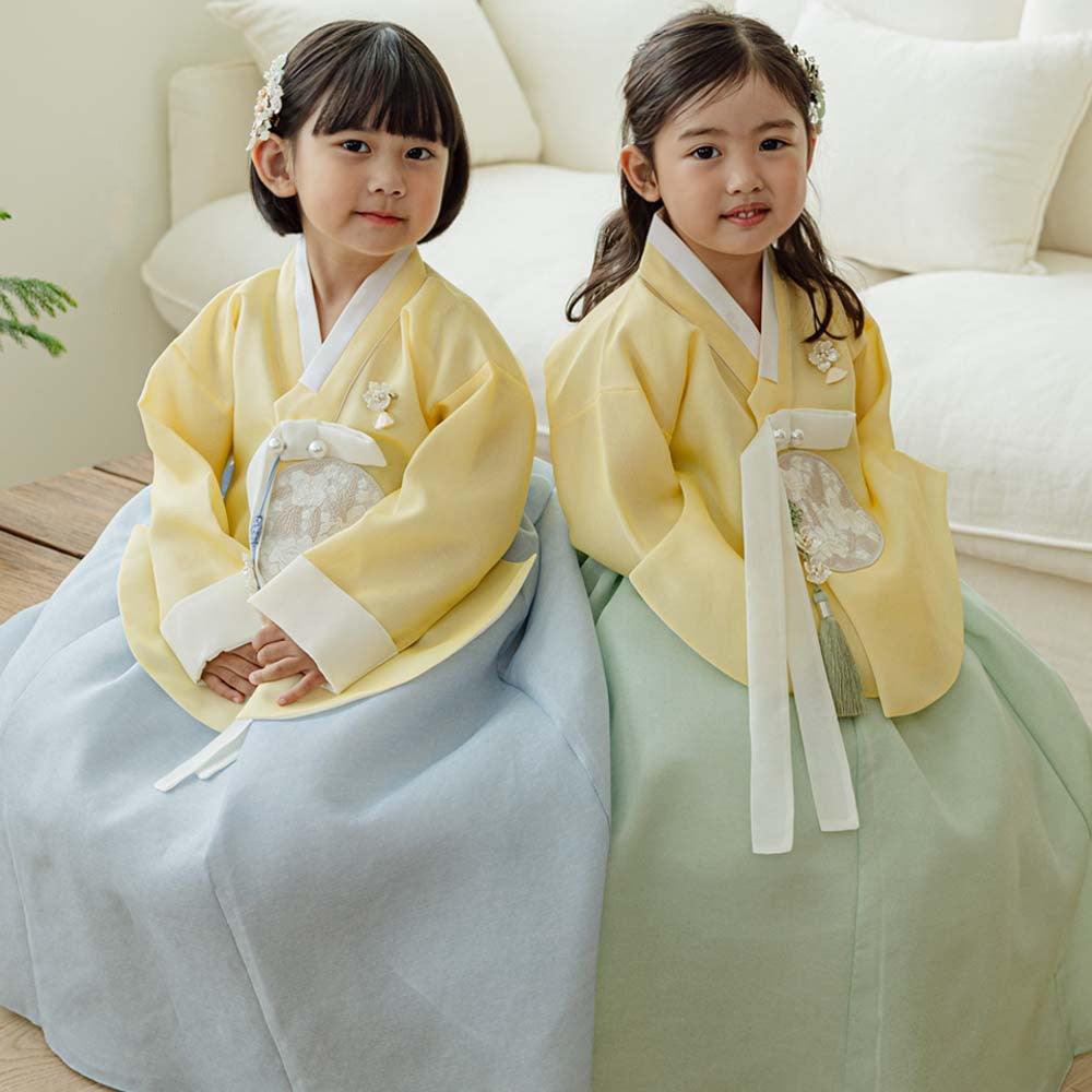 Yujin Yellow Dangui Sky Mint Skirt Girl Hanbok (100D-15YR) - Native Korean