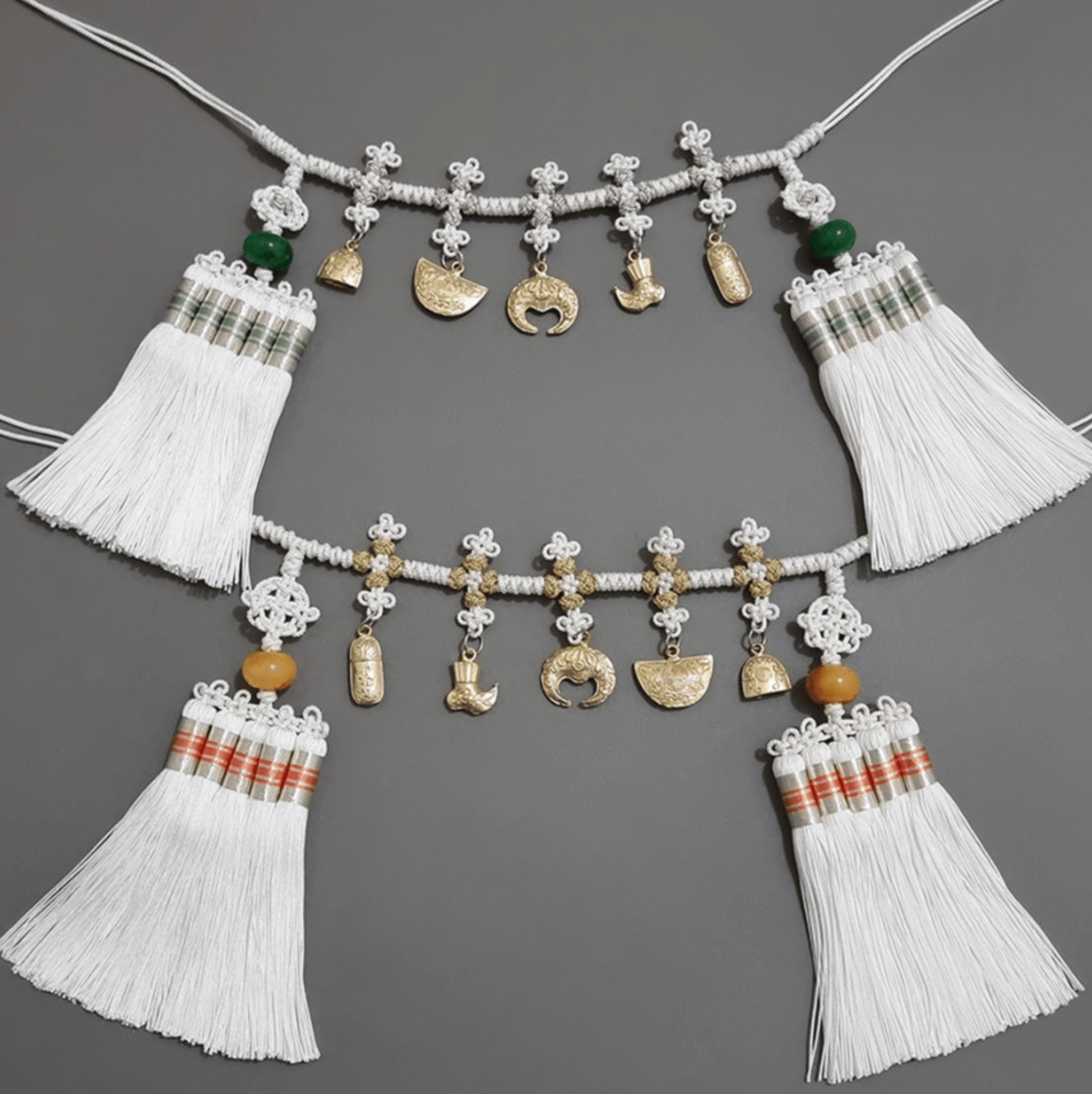 Gold Ornaments White Tassel Belt - Native Korean