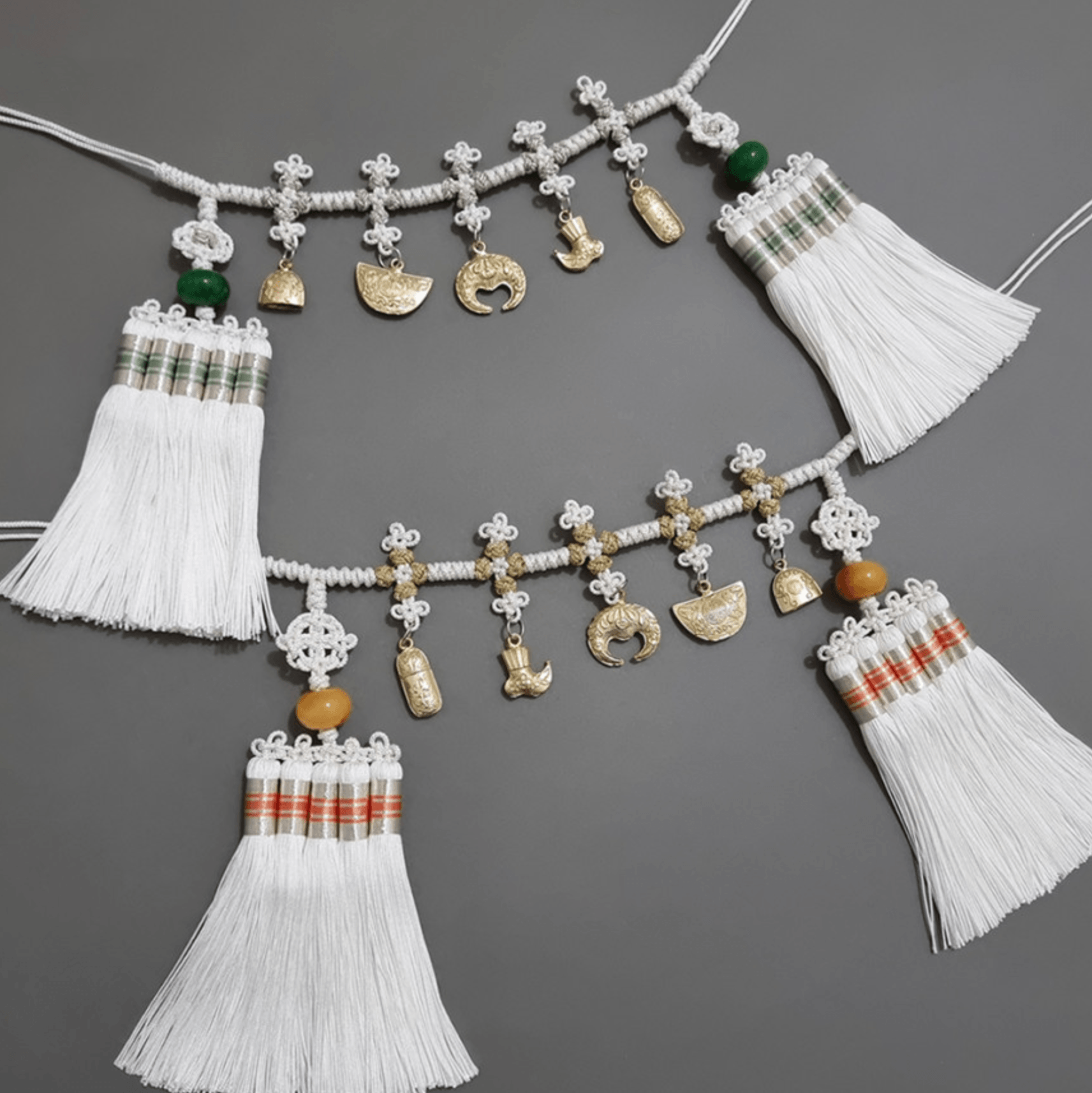 Gold Ornaments White Tassel Belt - Native Korean