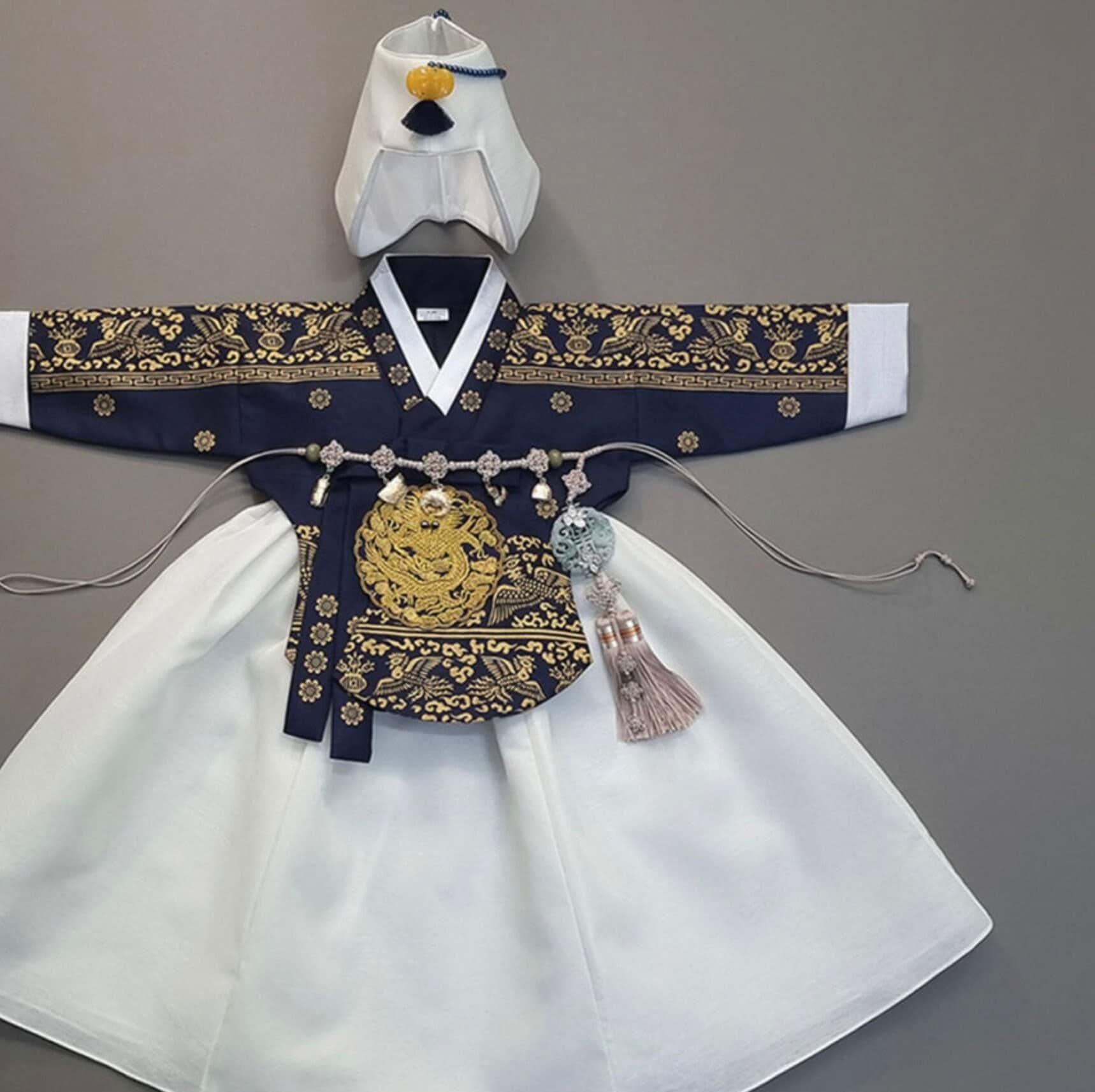 Hyunbi Foil Navy Ivory Girl Hanbok (100D-8YR) - Native Korean