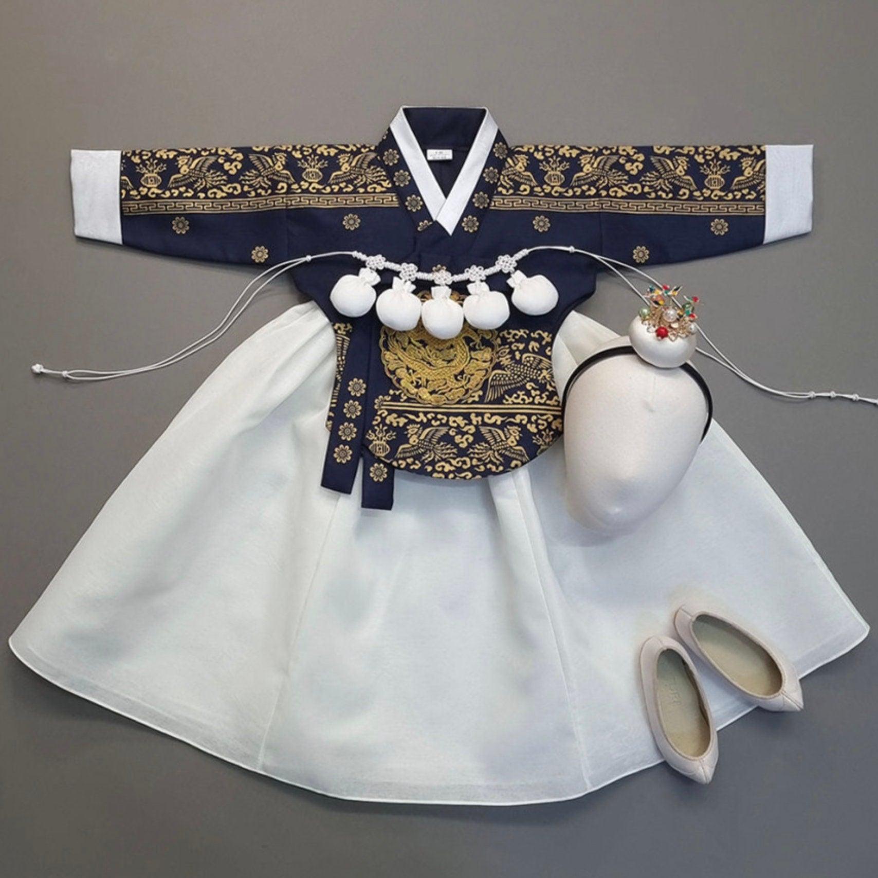 Hyunbi Foil Navy Ivory Girl Hanbok (100D-8YR) - Native Korean