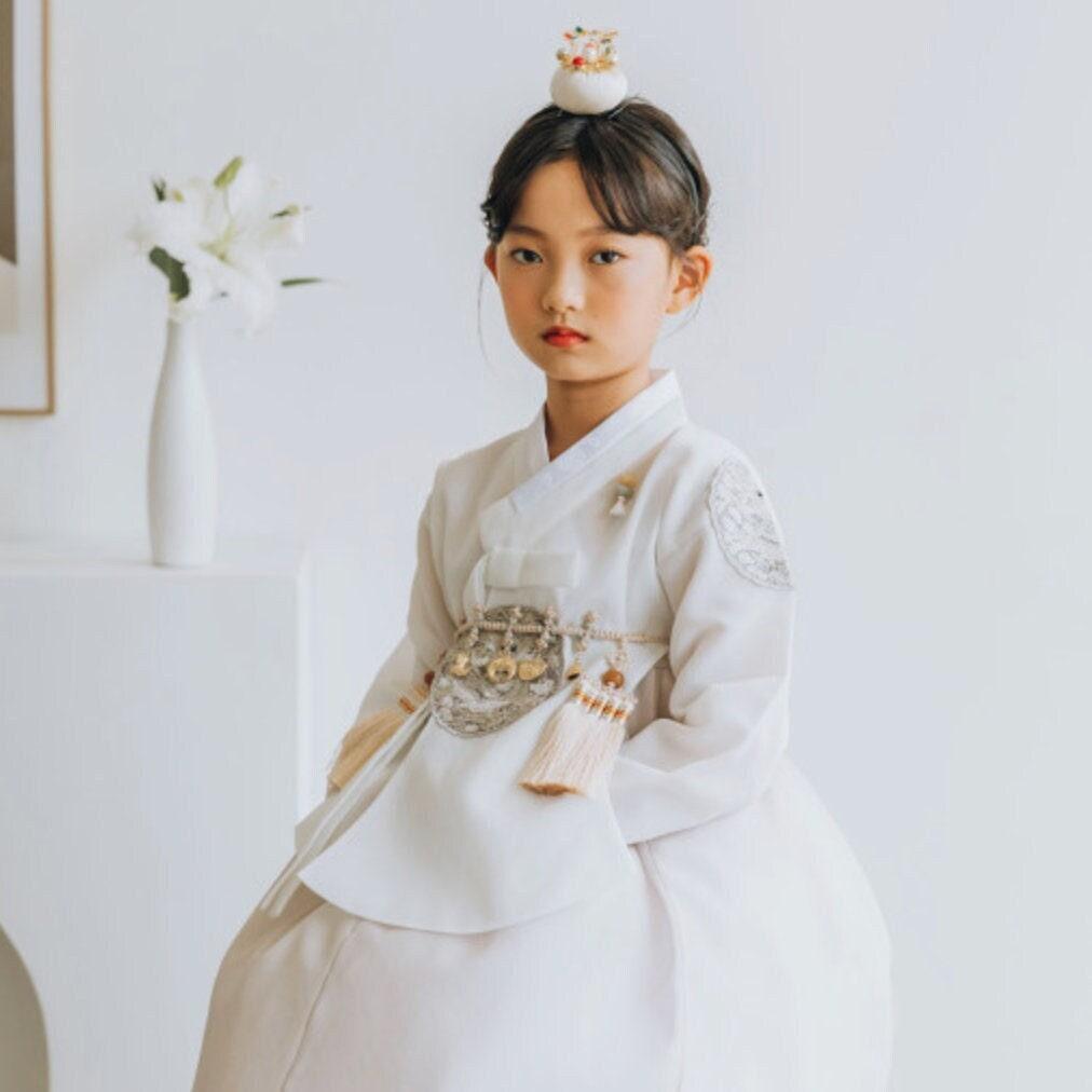 Hyunbi Gray Embroidery Beige Girl Hanbok (100D-15YR) - Native Korean
