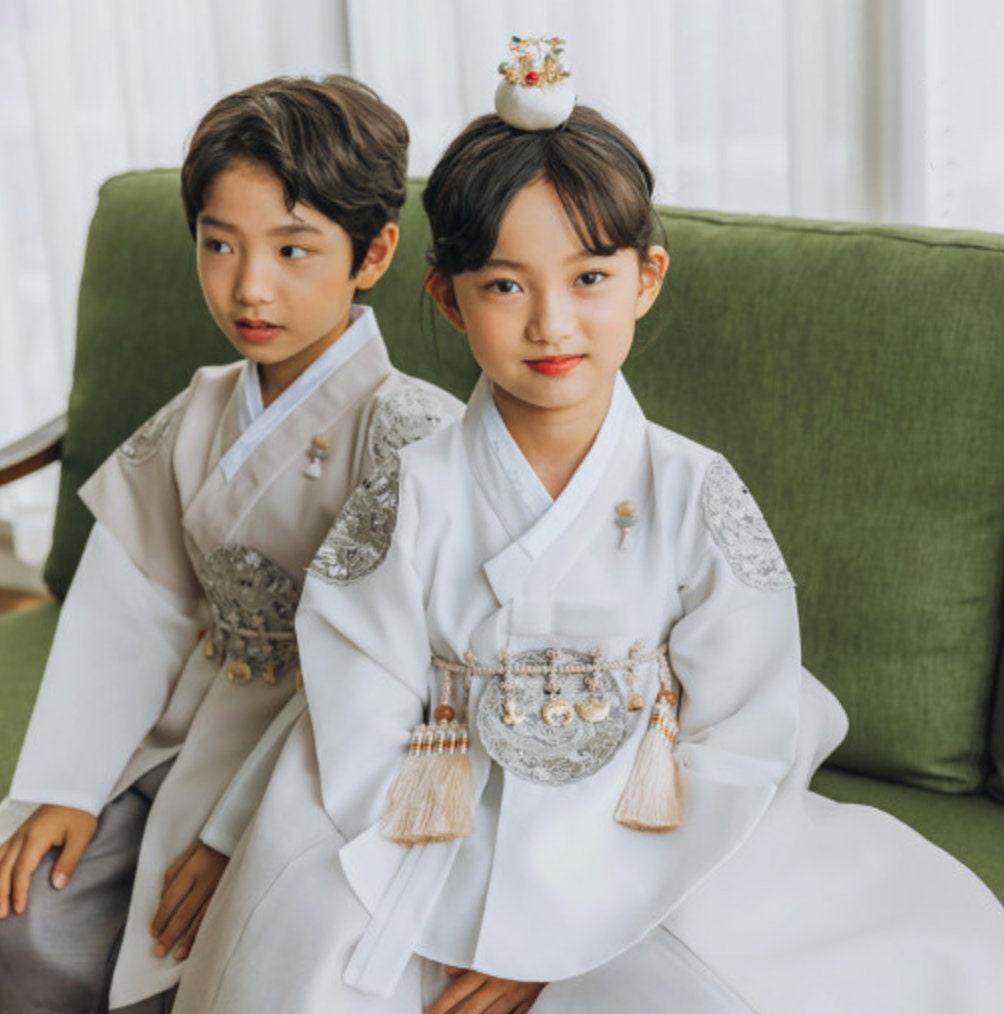 Hyunbi Gray Embroidery Beige Girl Hanbok (100D-15YR) - Native Korean