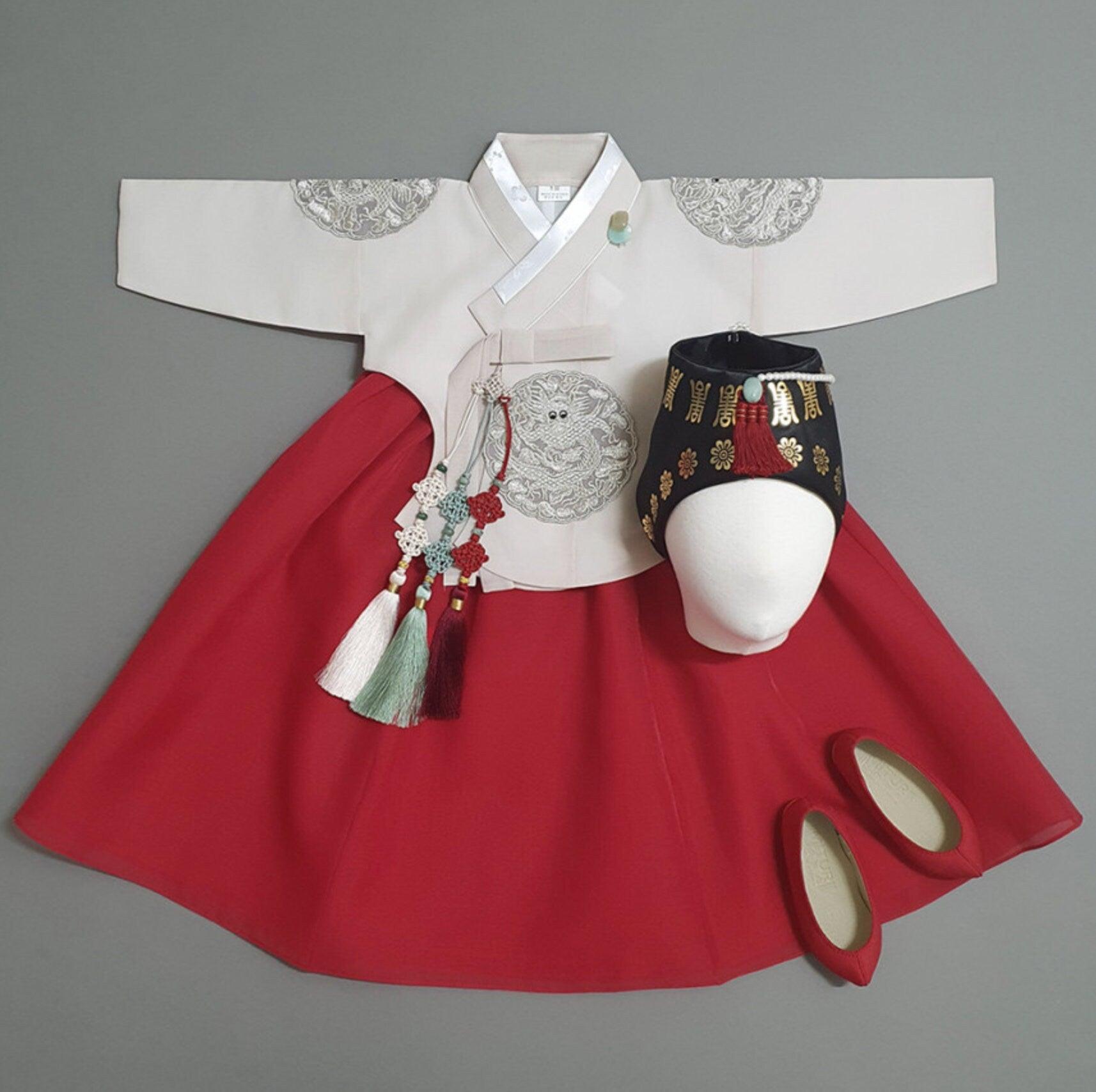 Hyunbi Gray Embroidery Beige Skirt Girl Hanbok (100D-10YR) - Native Korean