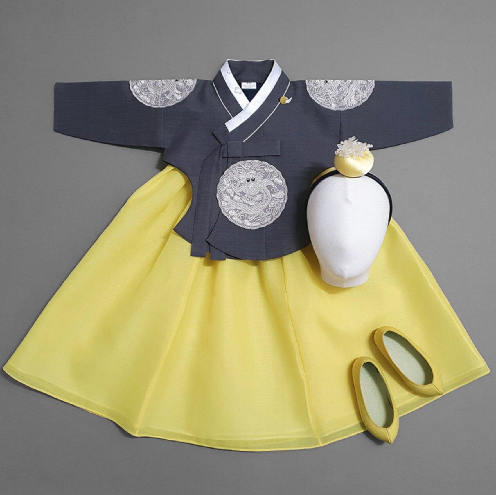 Hyunbi Gray Embroidery Gray Girl Hanbok (100D-10YR) - Native Korean