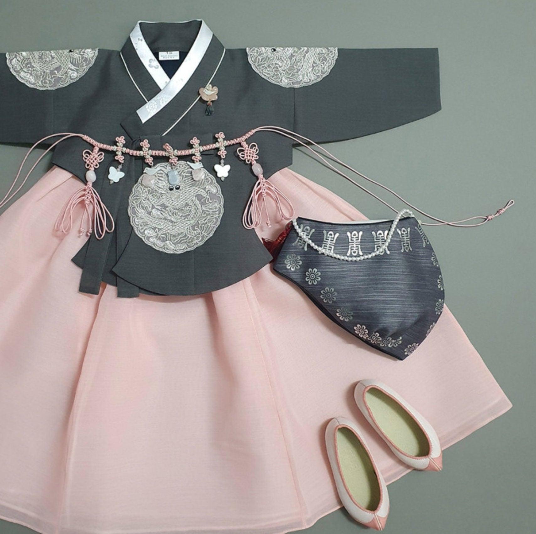 Hyunbi Gray Embroidery Gray Girl Hanbok (100D-10YR) - Native Korean