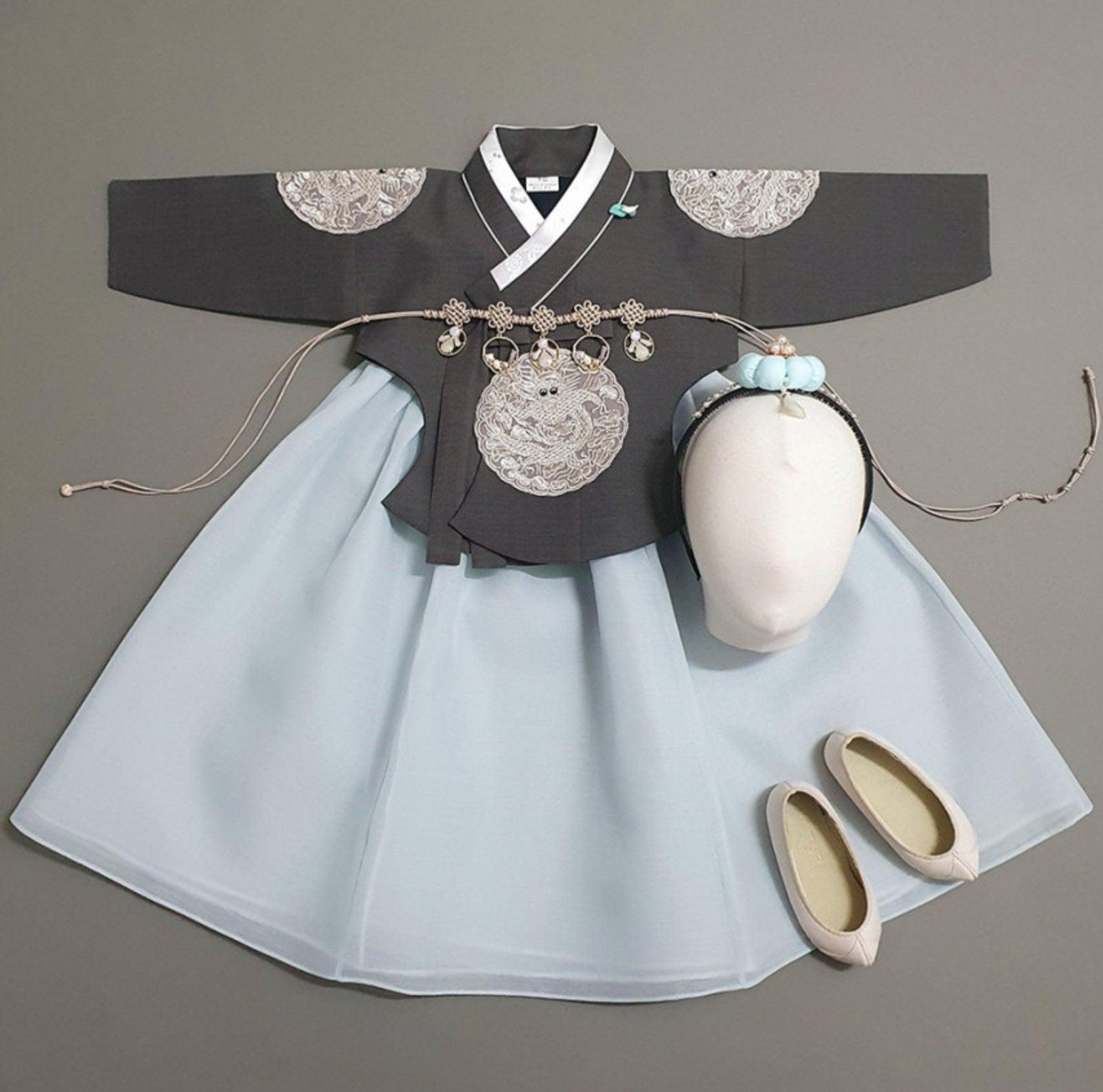 Hyunbi Gray Embroidery Gray Girl Hanbok (100D-10YR) - Native Korean