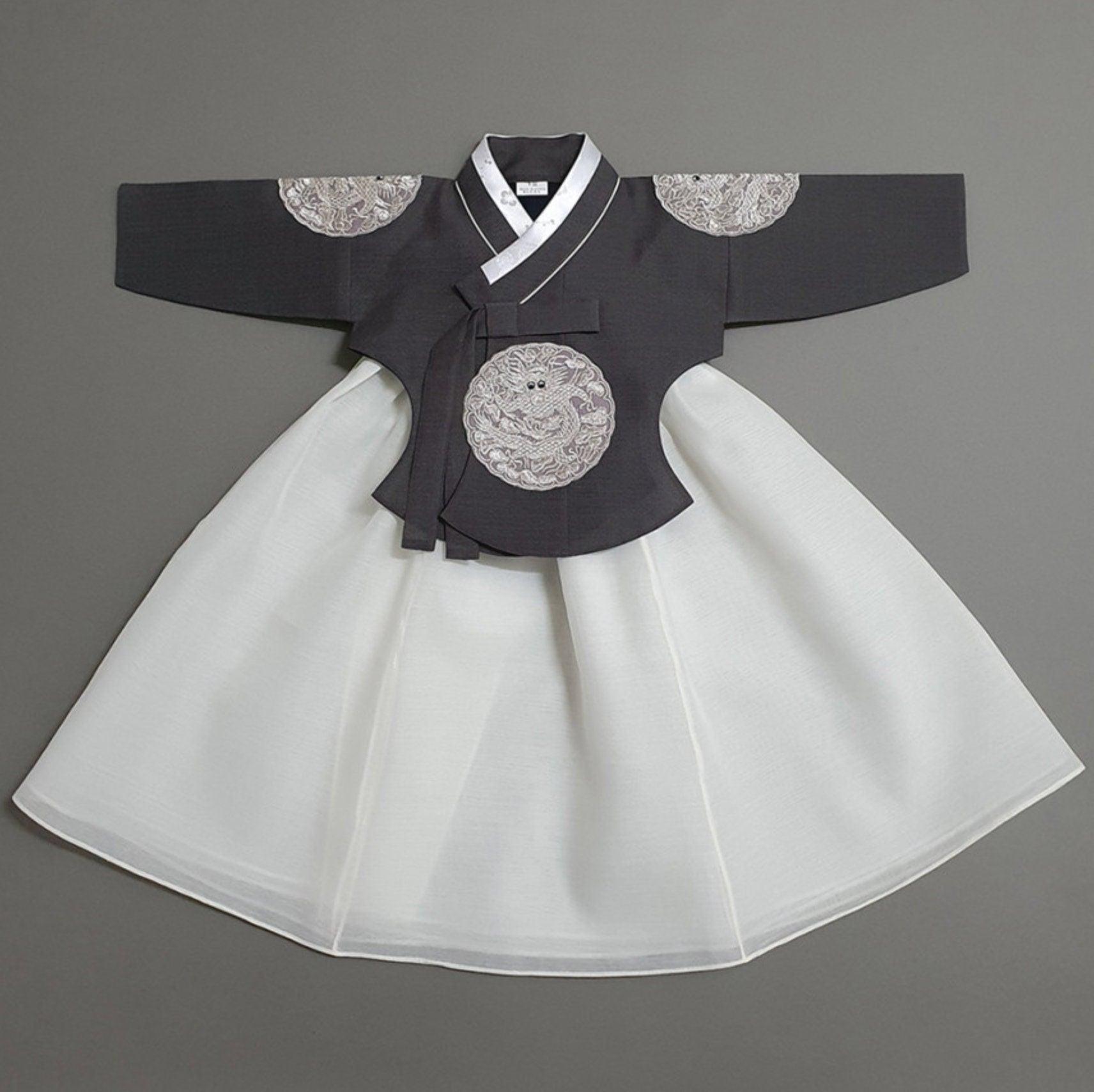 Hyunbi Gray Embroidery Ivory Girl Hanbok (100D-15YR) - Native Korean