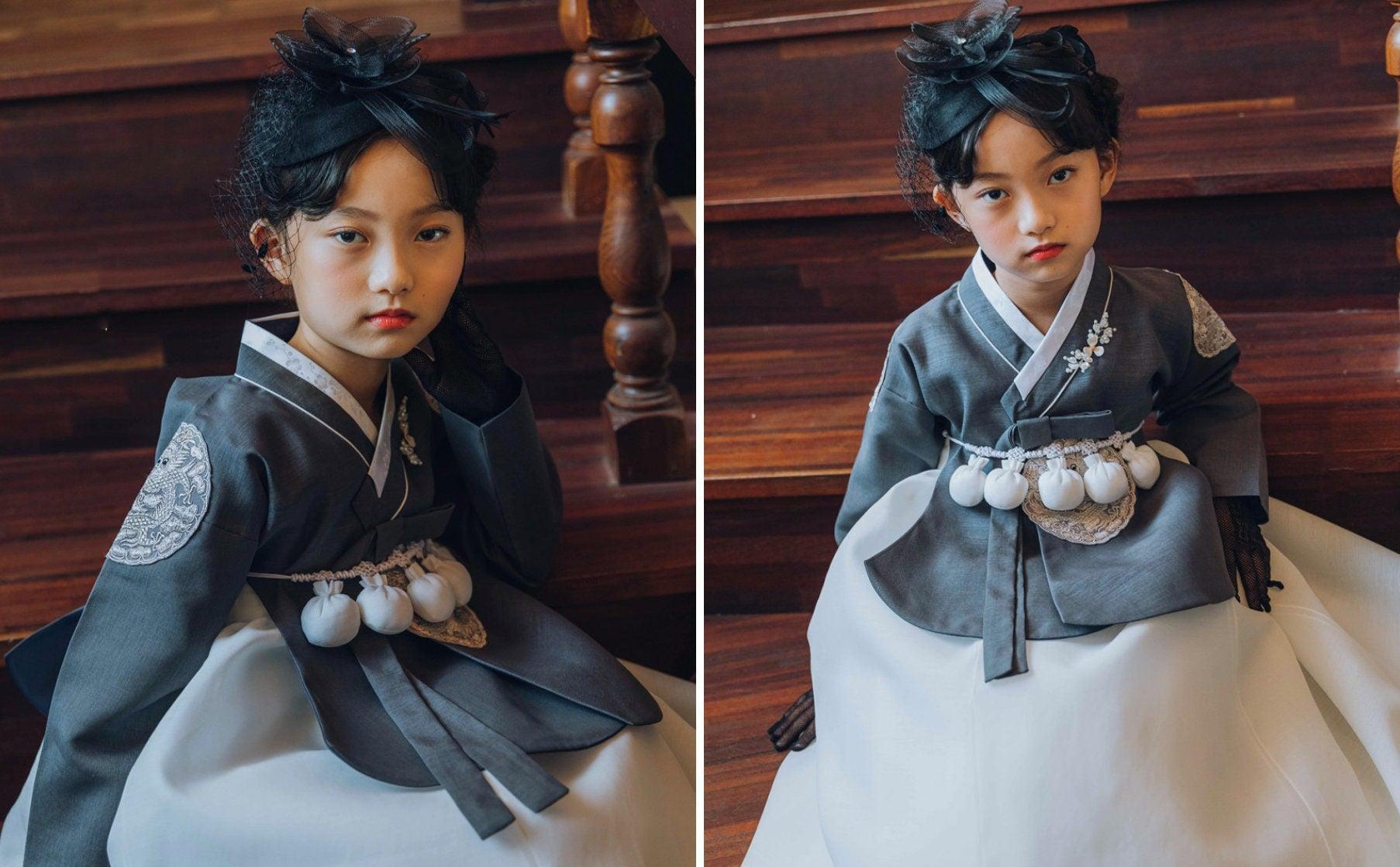Hyunbi Gray Embroidery Ivory Girl Hanbok (100D-15YR) - Native Korean