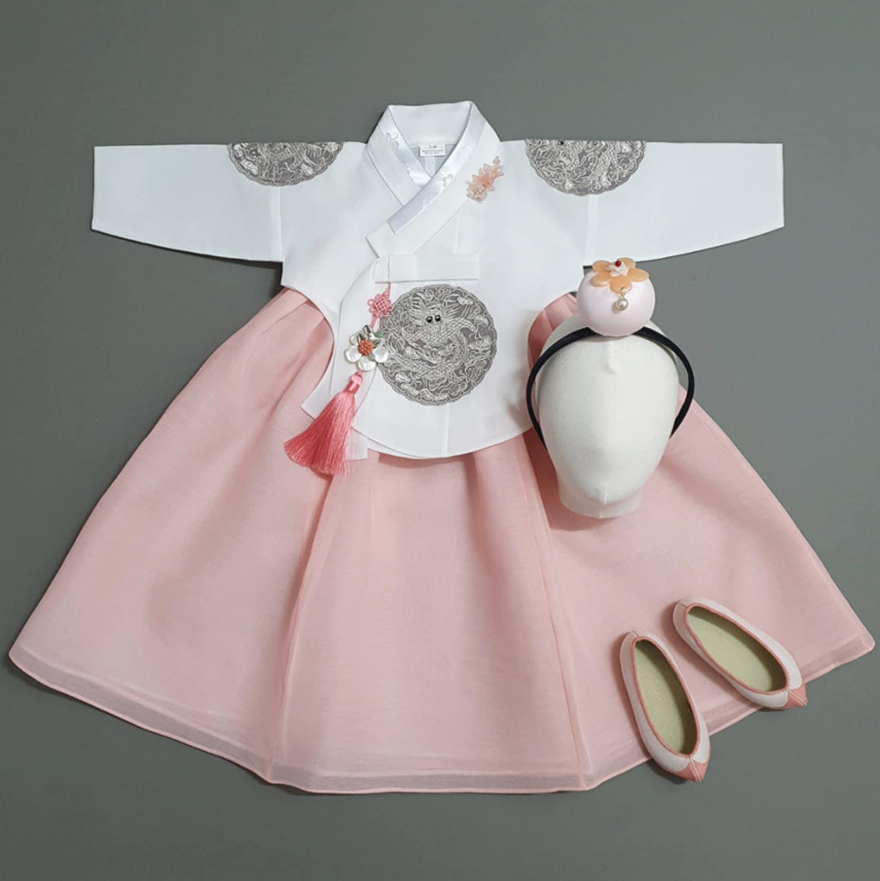 Hyunbi Gray Embroidery Peach Girl Hanbok (100D-10YR) - Native Korean