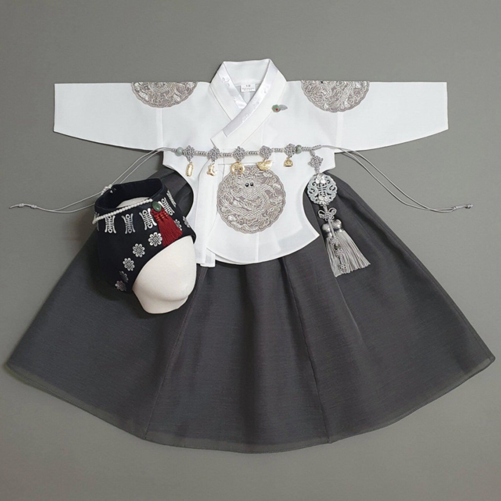 Hyunbi Gray Embroidery Peach Girl Hanbok (100D-10YR) - Native Korean