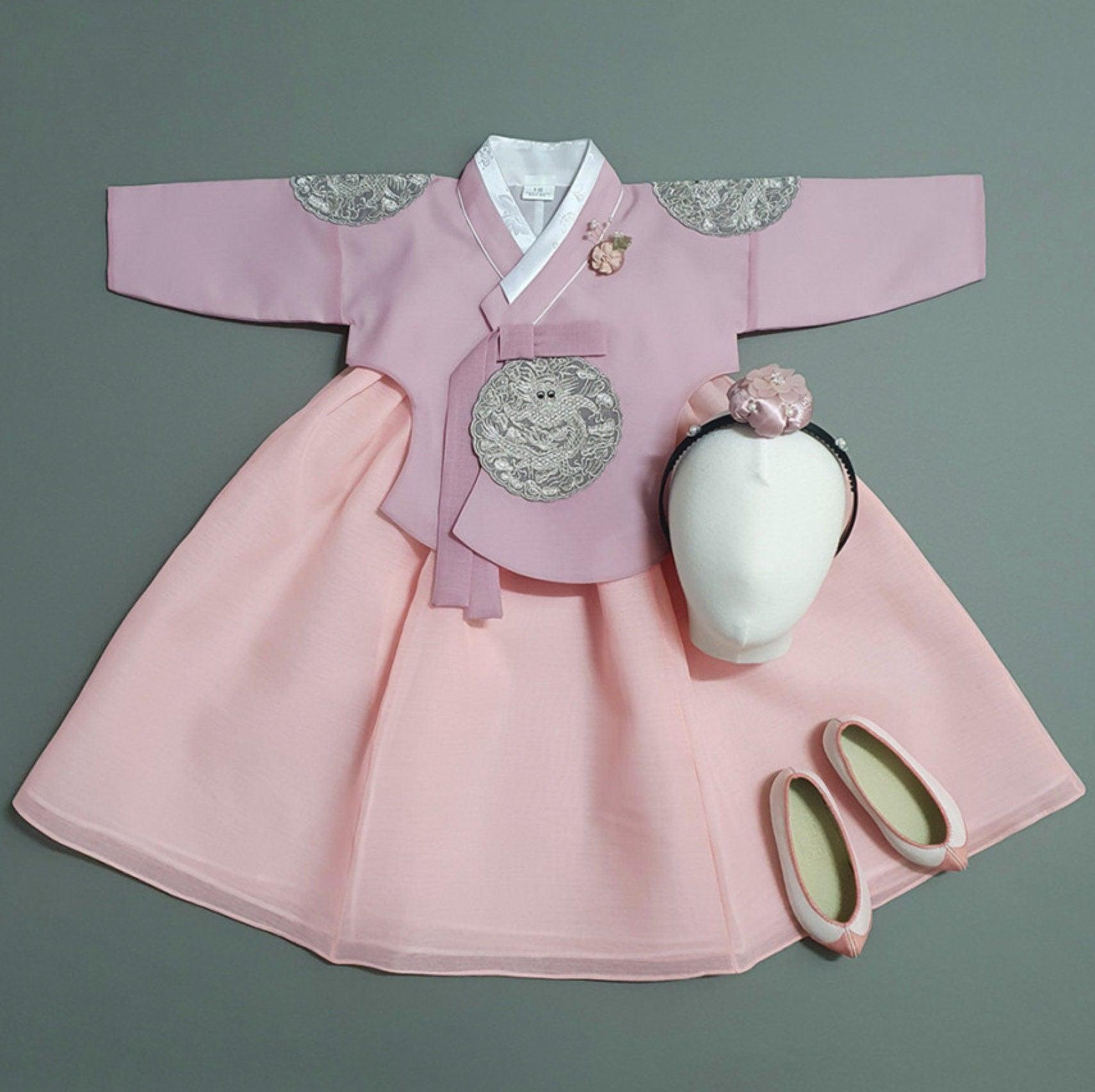 Hyunbi Gray Embroidery Pink Girl Hanbok (100D-10YR) - Native Korean