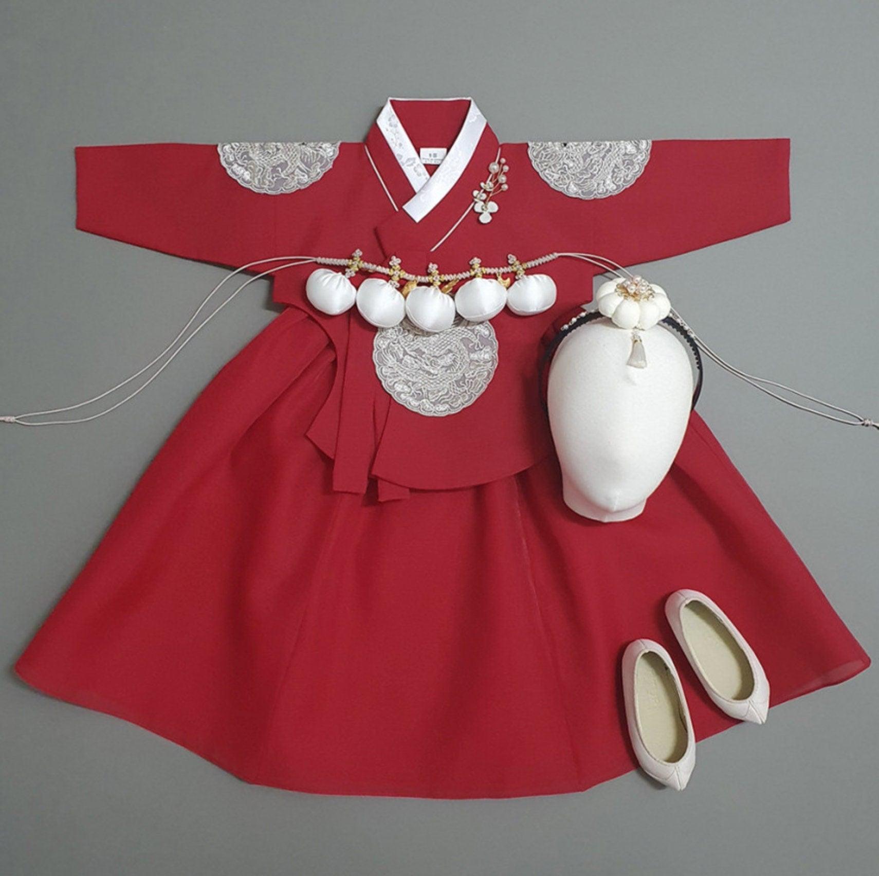 Hyunbi Gray Embroidery Red Girl Hanbok (100D-10YR) - Native Korean