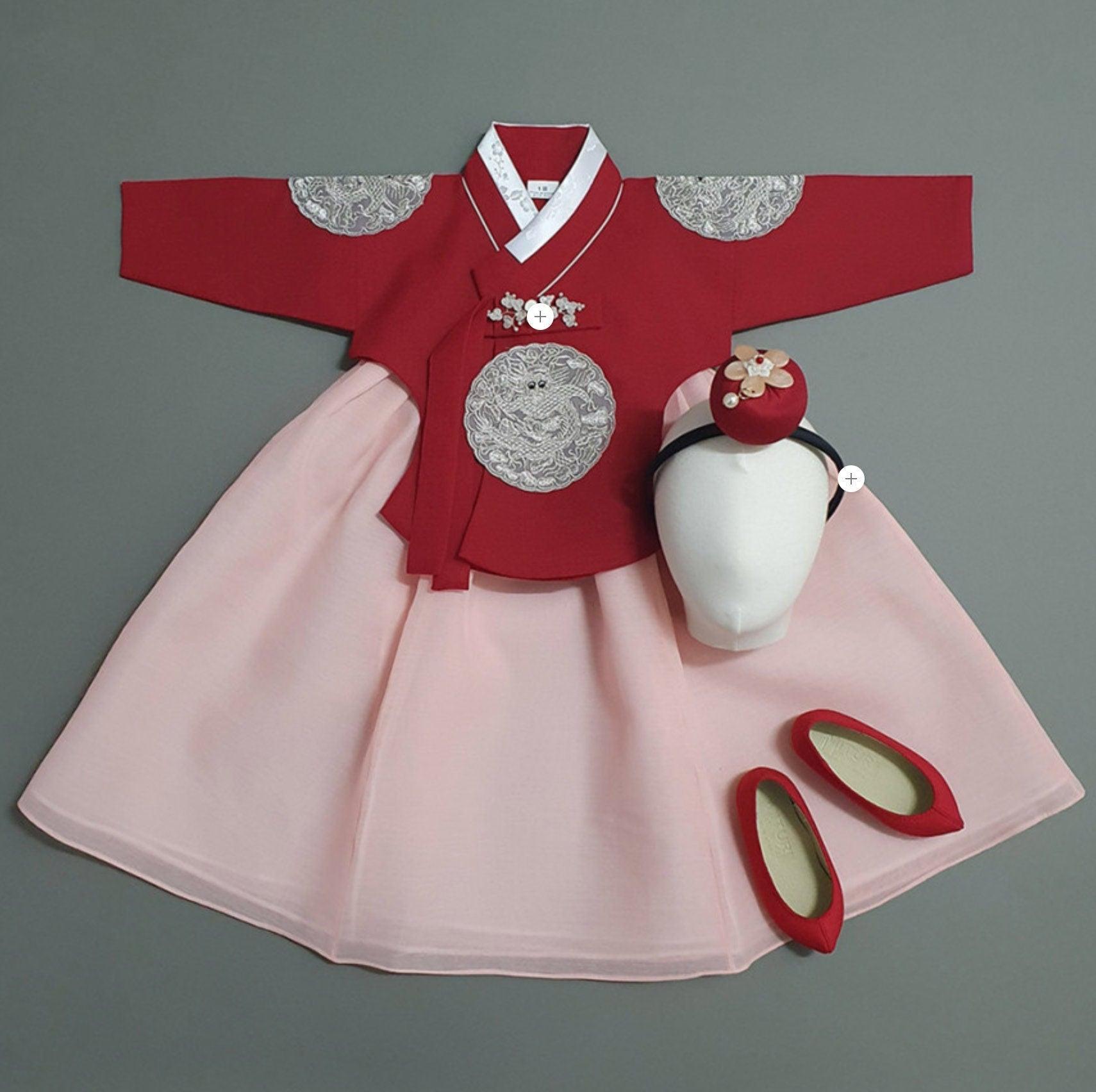 Hyunbi Gray Embroidery Red Girl Hanbok (100D-10YR) - Native Korean