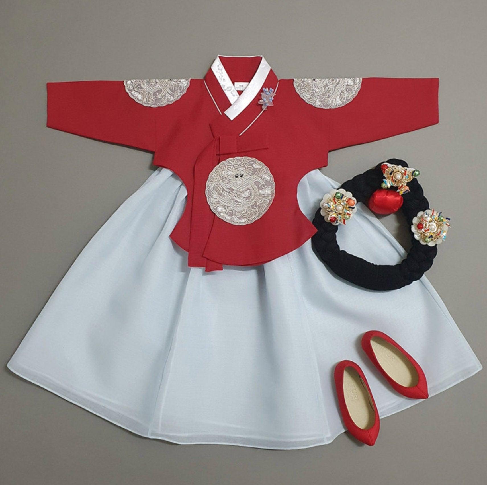 Hyunbi Gray Embroidery Red Girl Hanbok (100D-10YR) - Native Korean
