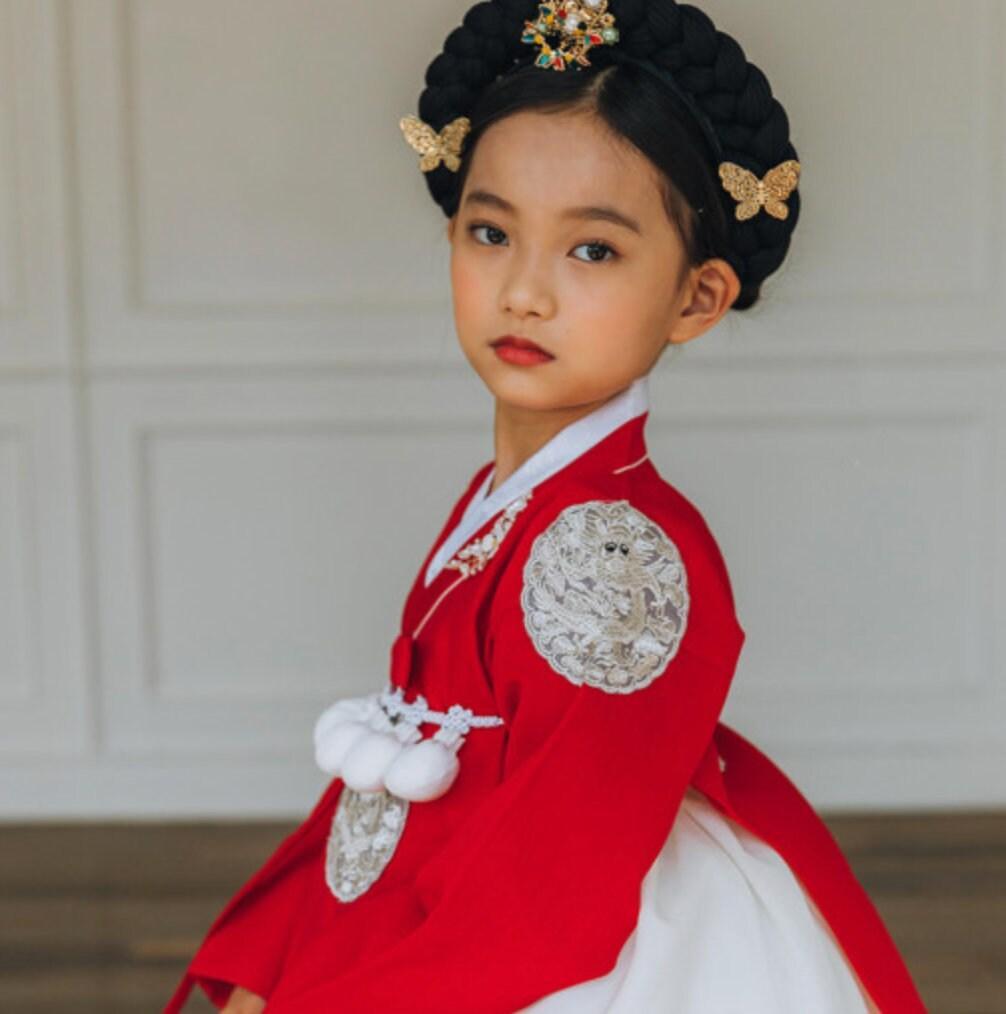 Hyunbi Gray Embroidery Red Ivory Girl Hanbok (100D-15YR) - Native Korean