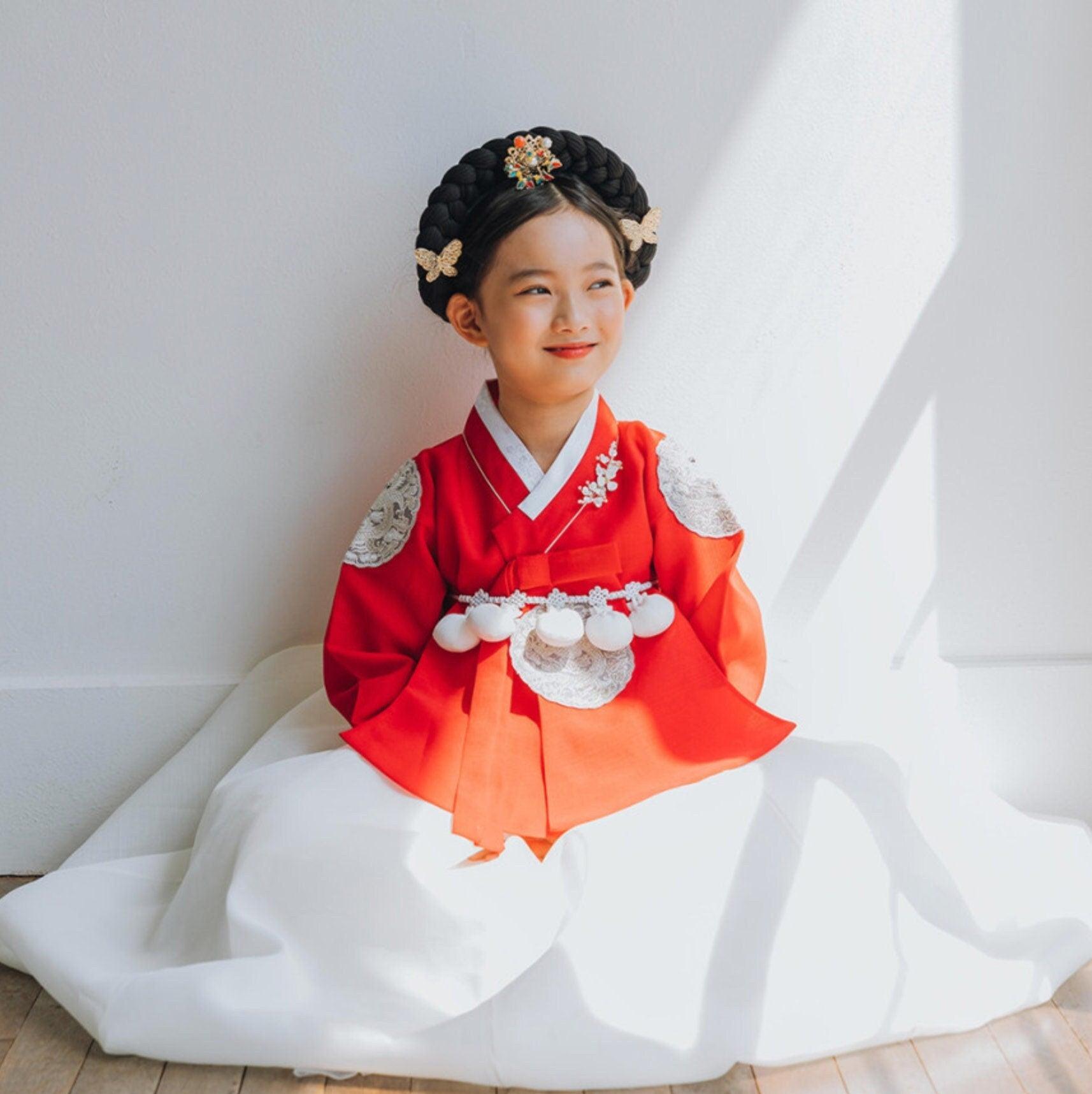 Hyunbi Gray Embroidery Red Ivory Girl Hanbok (100D-15YR) - Native Korean